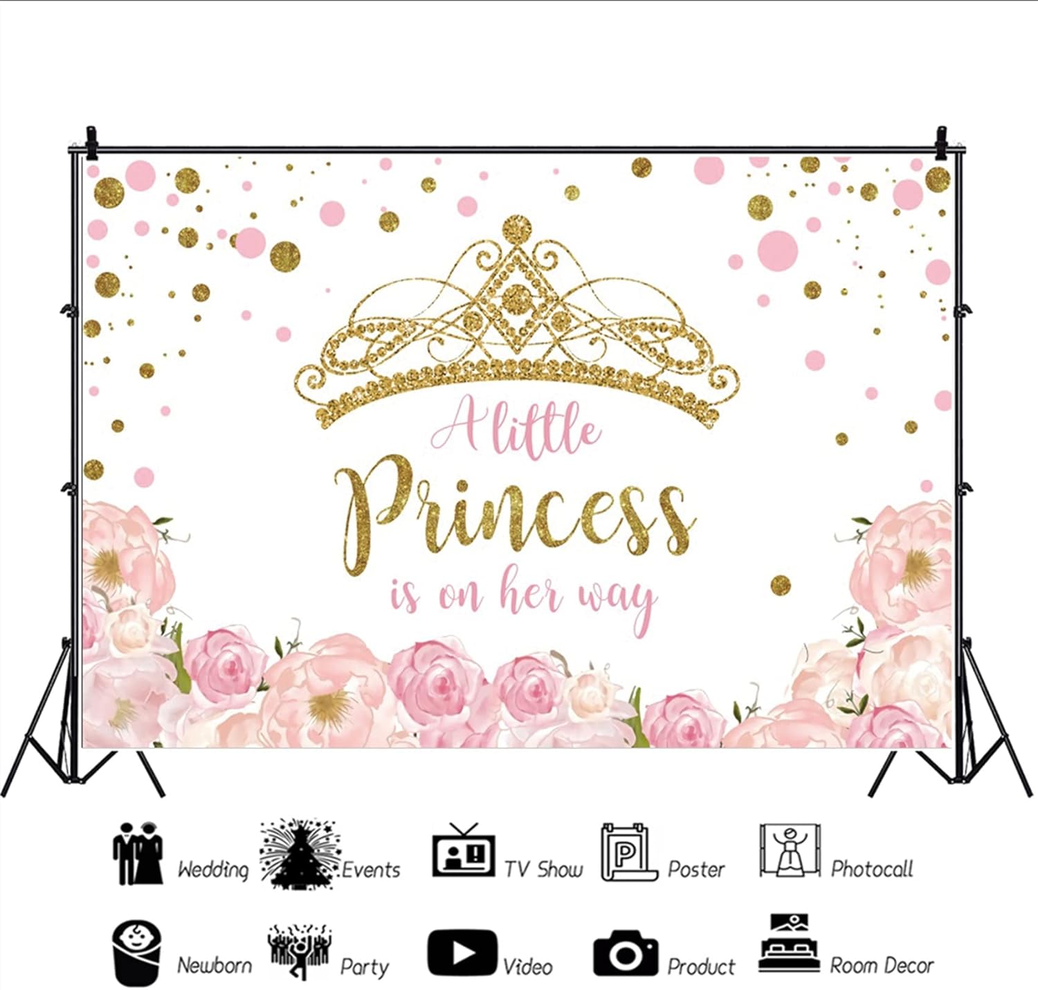 YongFoto Telón de fondo para baby shower con corona dorada de 7 x 5 pies para fotografía floral rosa con texto en inglés “A Little Princess is On