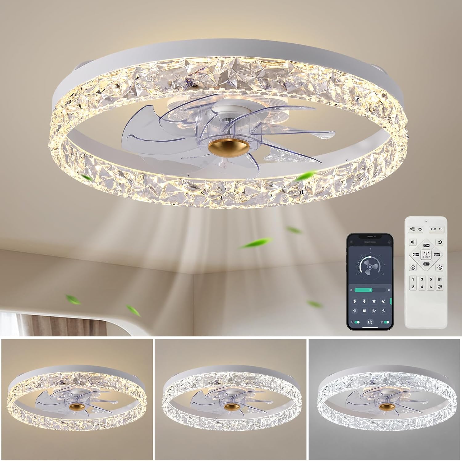 Ventilador de techo Caxsrfyk mejorado 2024 3098 ventiladores de techo blancos con aplicación de luces y control remoto, ventilador de techo moderno