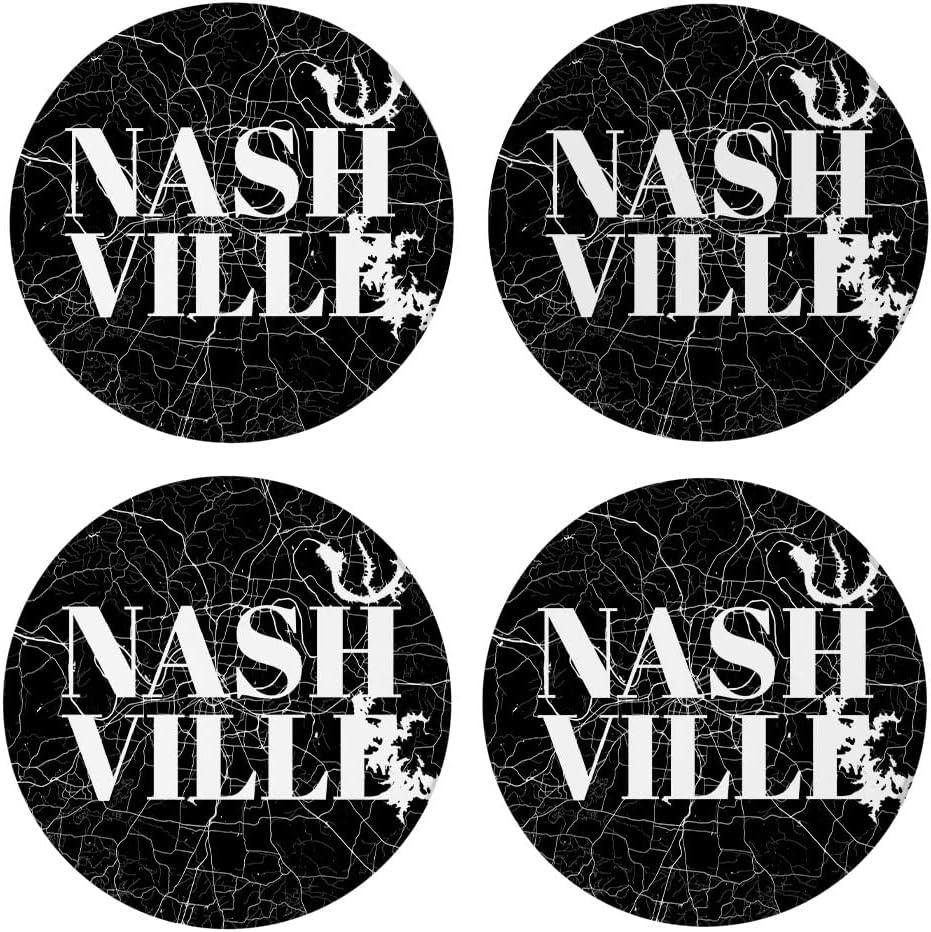 Minimalista B&W Tennessee Nashville Map, Joyride Home Decor, 4 posavasos de cerámica, posavasos circulares de 4 pulgadas, juego de 4, parte trasera