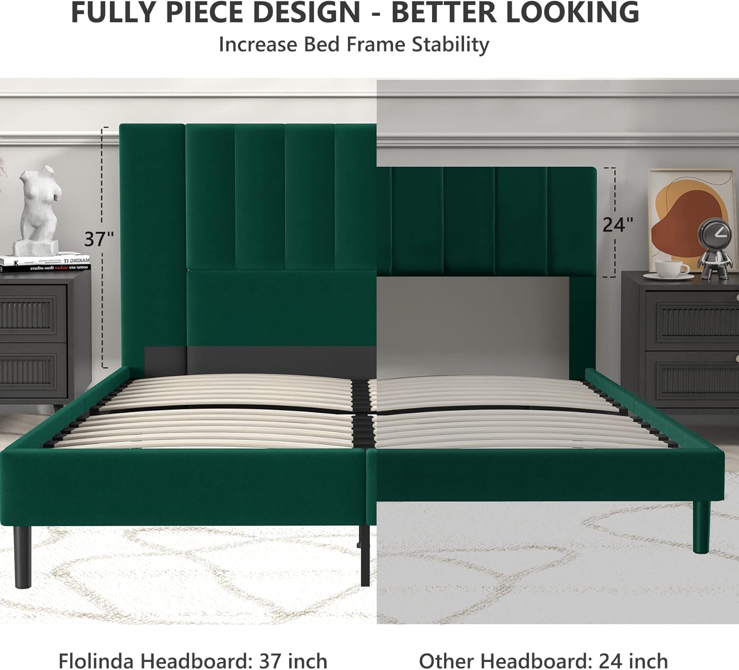 Flolinda Base de cama de plataforma tamaño King con cabecera tapizada de terciopelo y soporte de listones de madera, base de colchón totalmente