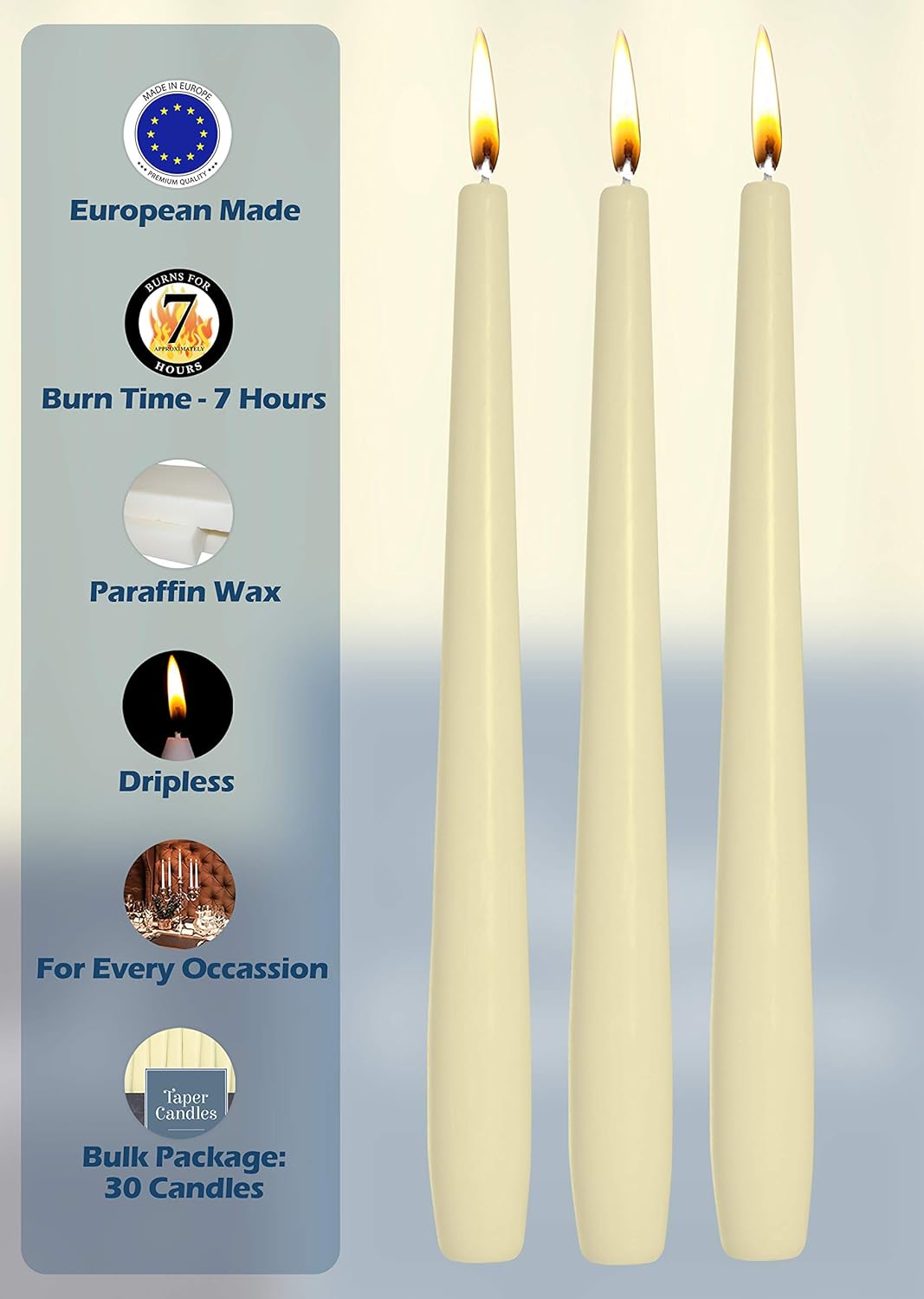 Hyoola Velas altas cónicas  Velas cónicas  Velas sin goteo color marfil  8 pulgadas (7.9 in)  7 horas de tiempo de combustión (paquete de 30)