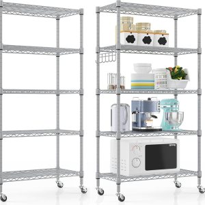 Himimi Estantería de alambre resistente de 5 niveles sobre ruedas, estante de almacenamiento de garaje, estantes de metal para almacenamiento, Himimi Estantería de alambre resistente de 5 niveles sobre ruedas, estante de almacenamiento de garaje, estantes de metal para almacenamiento,