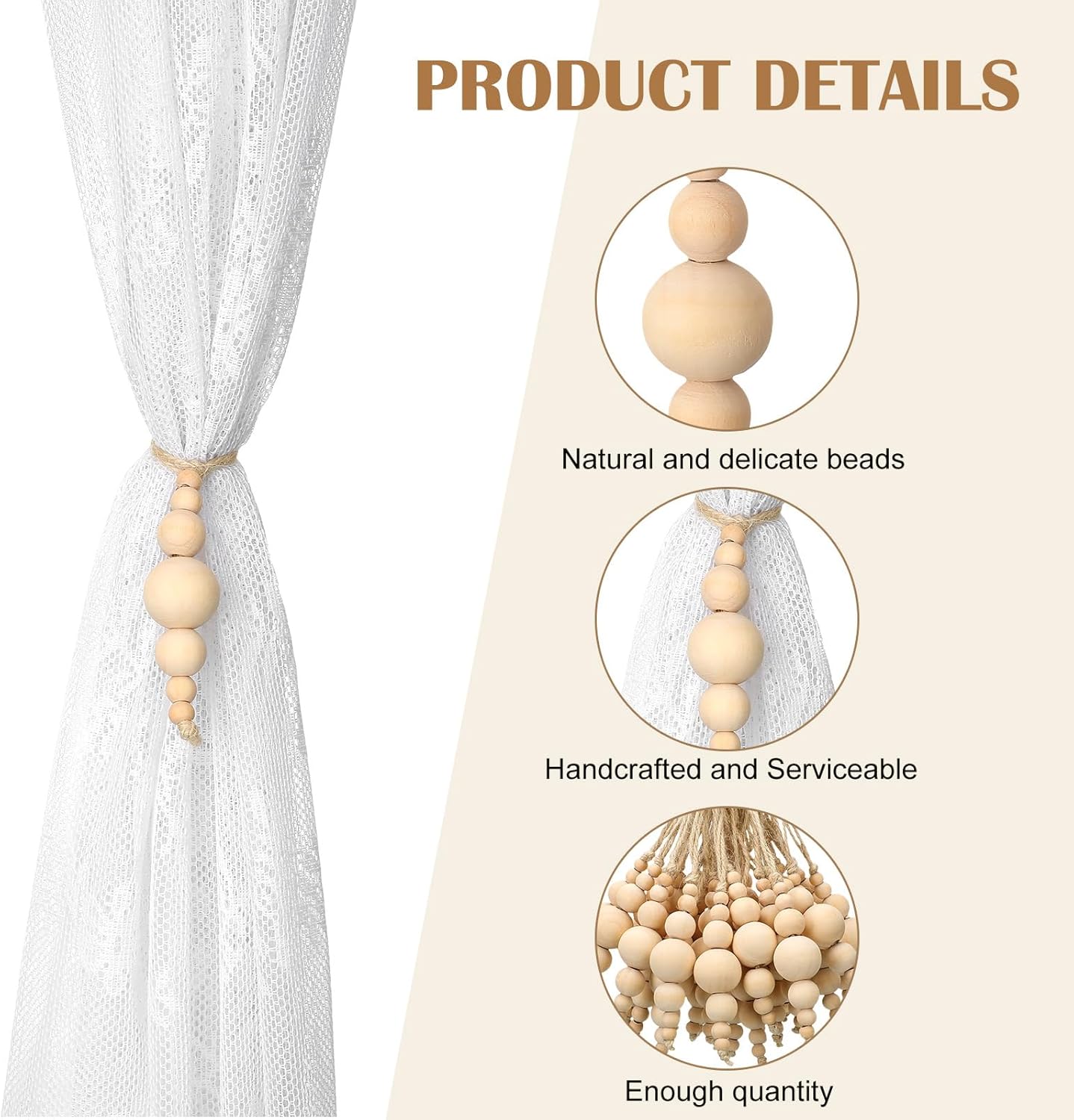 36 borlas de cuerda de yute de Navidad con 7 cuentas de madera, borlas de yute para manualidades, adornos colgantes de cuentas de madera natural,