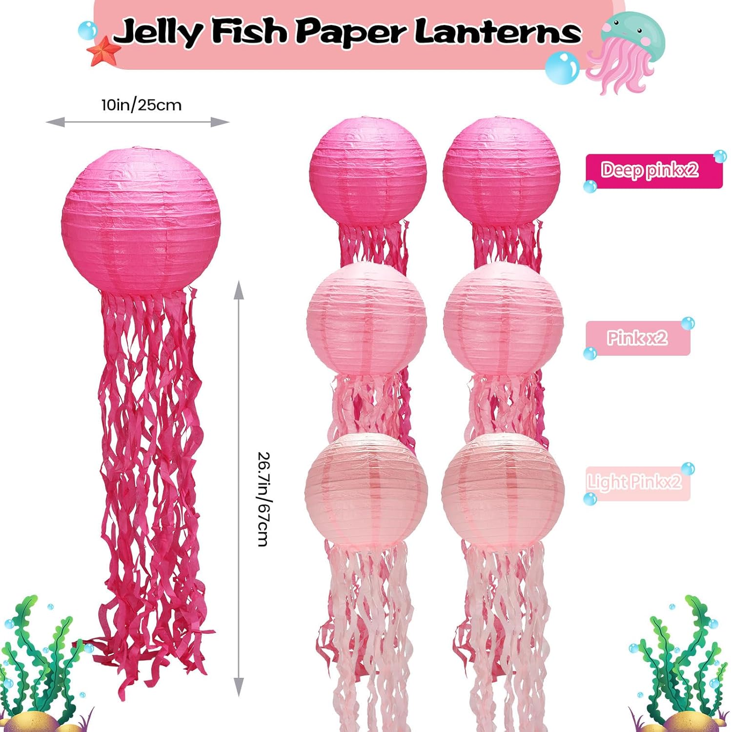 Decoraciones de cumpleaños de sirena, decoración de medusas, paquete de 6, faroles de medusas rosas con cuerda y gancho, medusas colgantes para