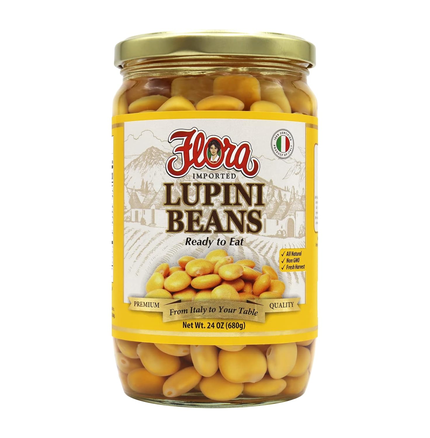 Flora Foods Lupini Frijoles  Bocadillo saludable listo para comer  Tarro de 24 onzas (23.99 oz)  Importado 100% italiano  Todo natural  Sin OGM