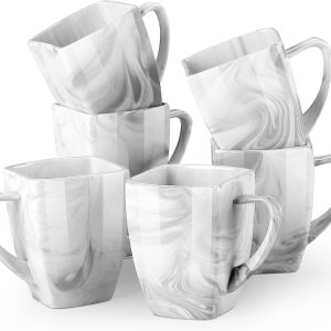 MALACASA Juego de tazas de café, tazas cuadradas de porcelana de 12 onzas, juego de 6, tazas de té de mármol con asa para expreso, capuchino, té y MALACASA Juego de tazas de café, tazas cuadradas de porcelana de 12 onzas, juego de 6, tazas de té de mármol con asa para expreso, capuchino, té y