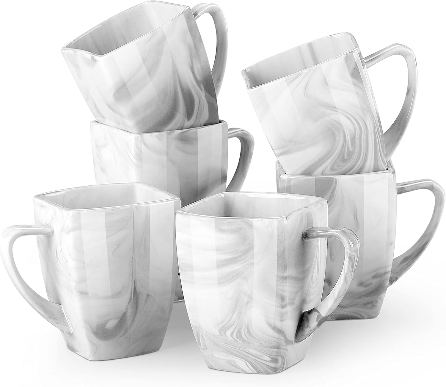 MALACASA Juego de tazas de café, tazas cuadradas de porcelana de 12 onzas, juego de 6, tazas de té de mármol con asa para expreso, capuchino, té y