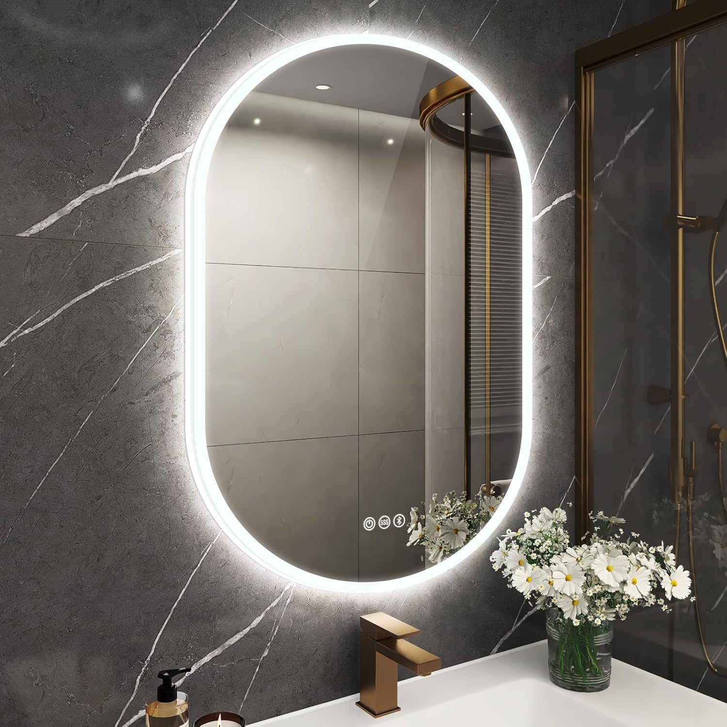 S’bagno Espejo de baño ovalado de 36 x 24 pulgadas con luces, espejo de baño LED montado en la pared, marco acrílico, atenuación, cambio de color,