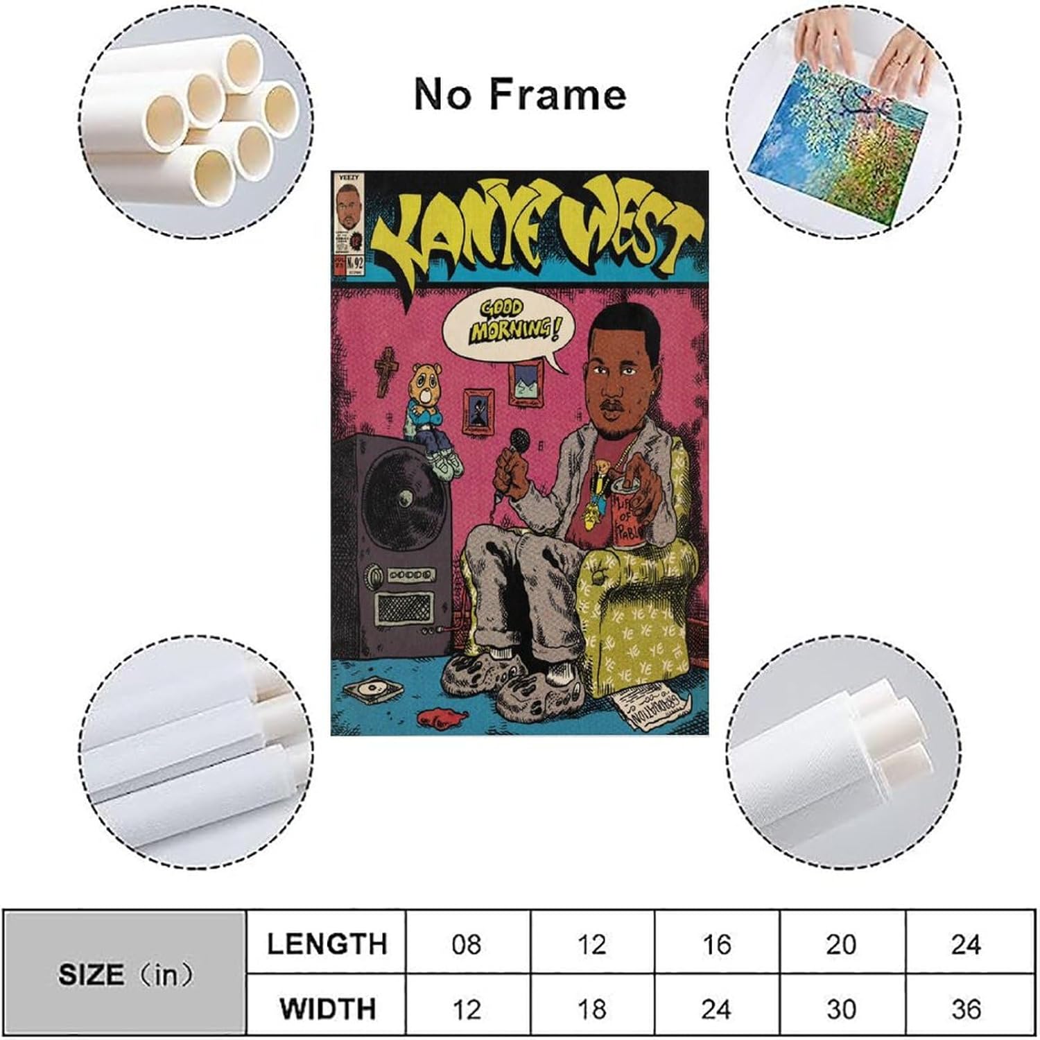 Kanye West – Póster artístico de cómics para dormitorio, lienzo estético, decoración de pared, 16 x 24 pulgadas (15.7 x 23.6 in)