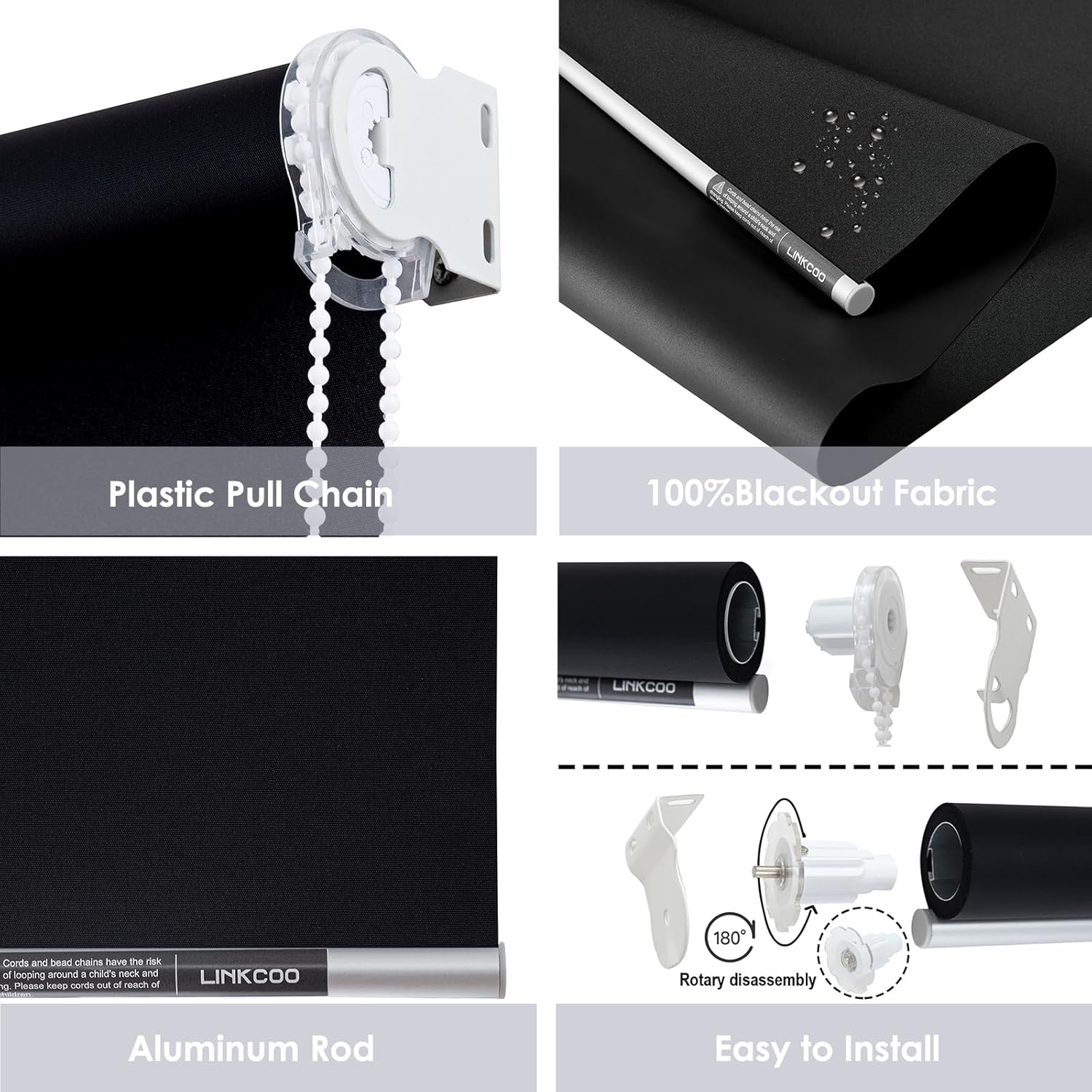 LINKCOO Persianas enrollables 100 % opacas, con tela impermeable con aislamiento térmico, con cadena, para hogar y oficina (negro, 32 pulgadas de