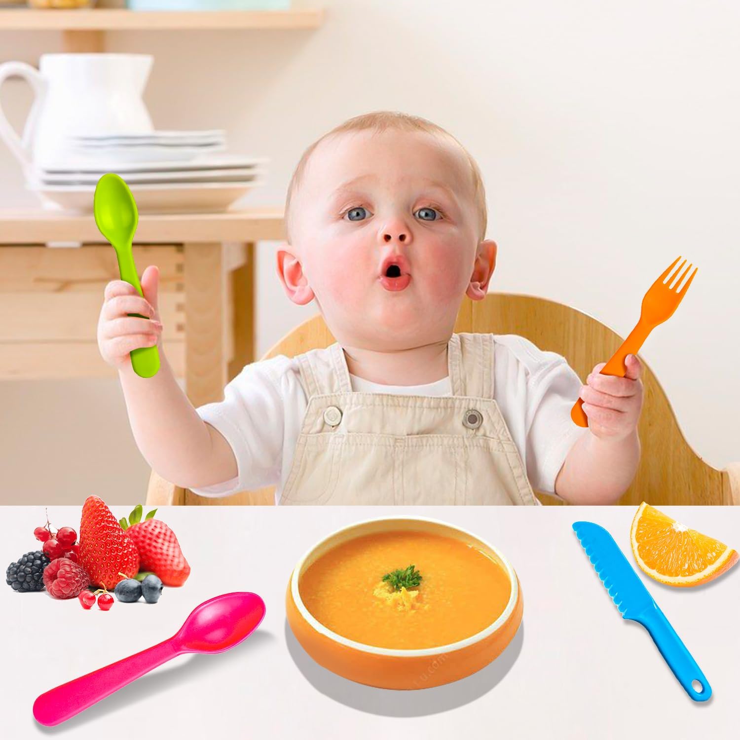 16 utensilios de plástico para niños, utensilios de alimentación reutilizables para niños pequeños con 8 tenedores y 8 cucharas para niños,