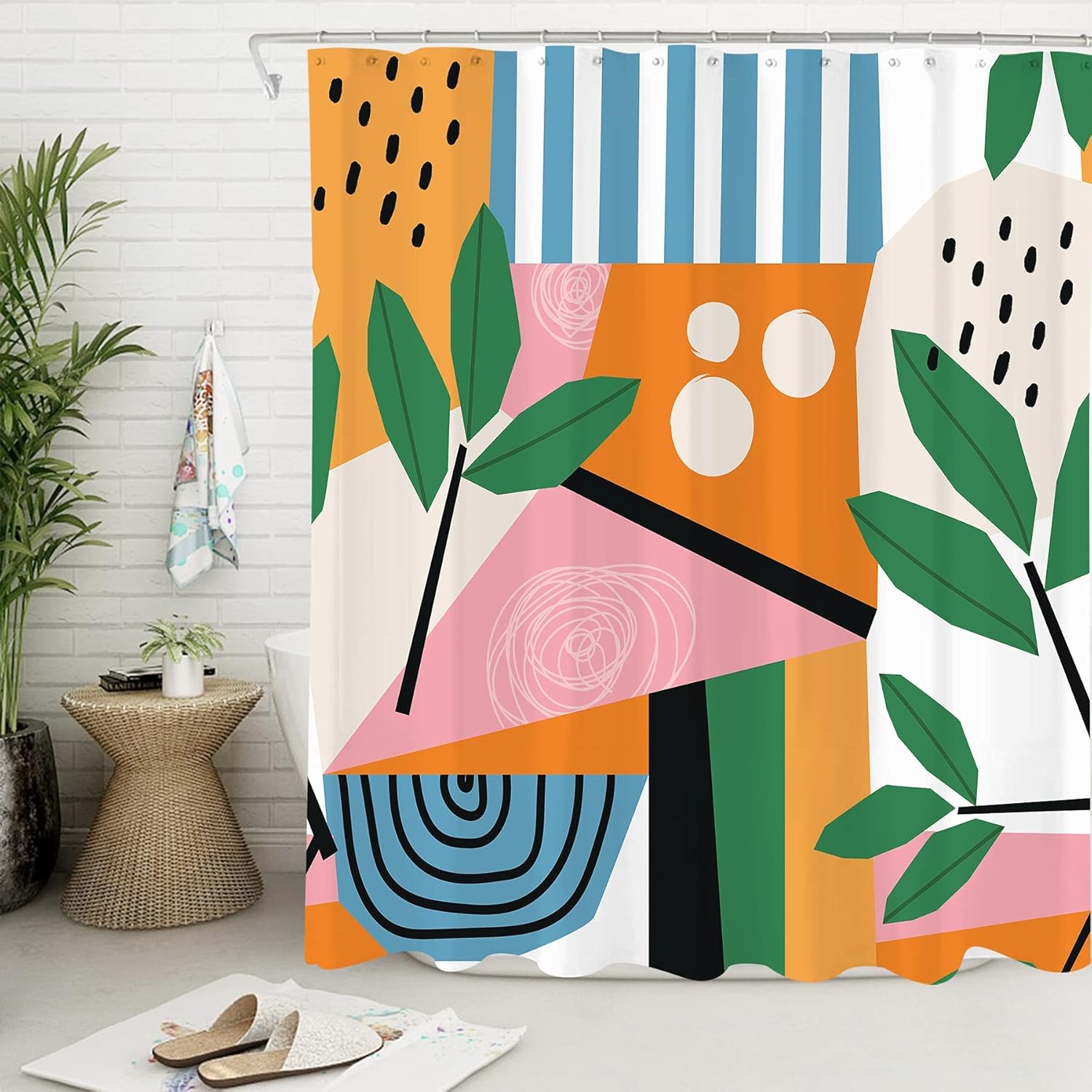 Miyotaa Juego de cortina de ducha abstracta minimalista y contemporánea, 60 pulgadas de ancho x 71 pulgadas de alto, diseño geométrico de hojas