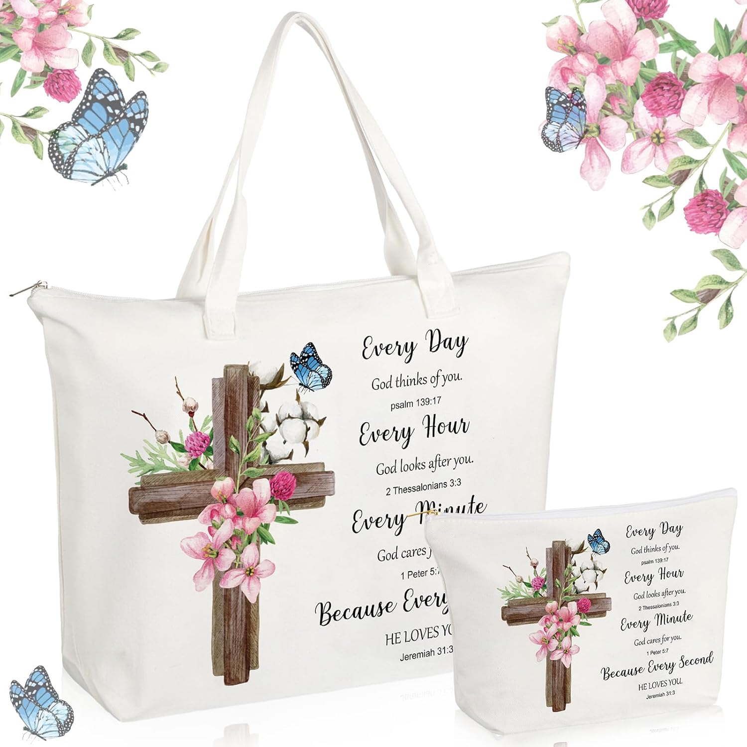 Abbylike Bolsa de lona de girasol de regalo cristiano de 2 piezas con bolsa de maquillaje, versículo de la Biblia, bolsa religiosa para regalo de