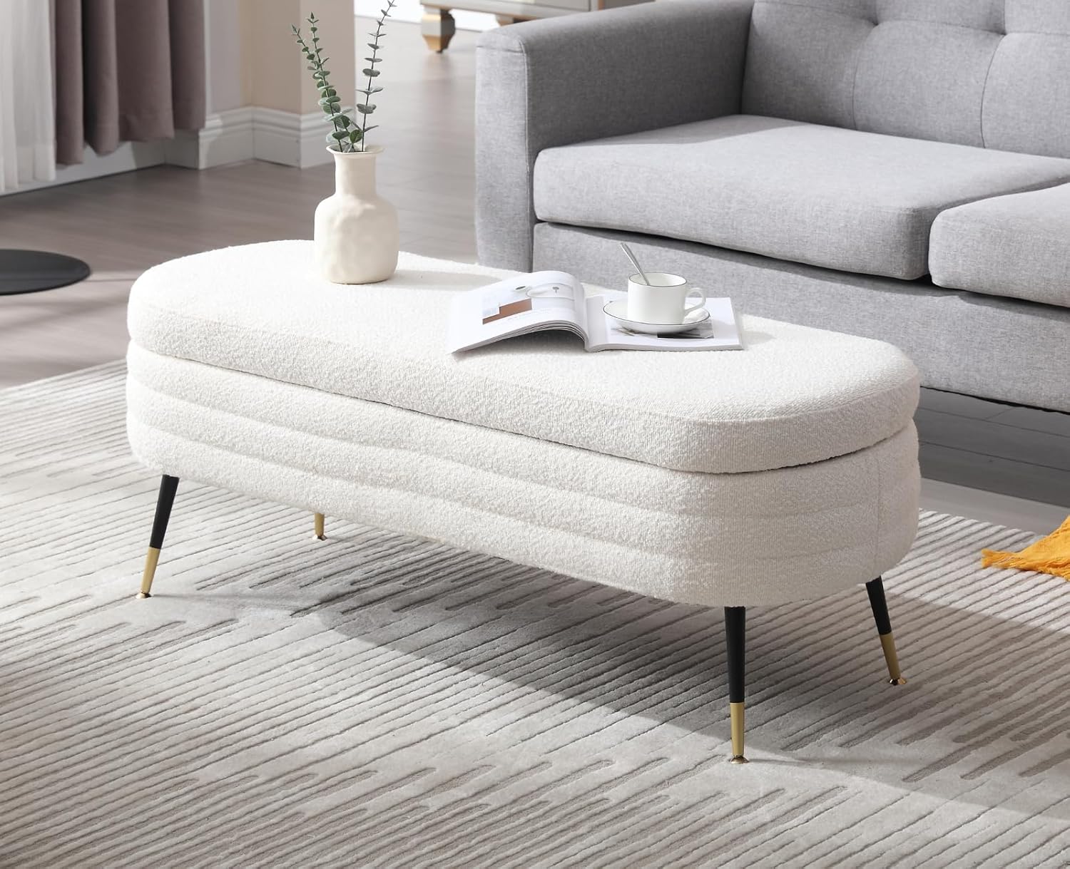 EALSON Banco de almacenamiento moderno, banco otomano de almacenamiento Sherpa con patas de metal tapizado para dormitorio, extremo de cama, banco