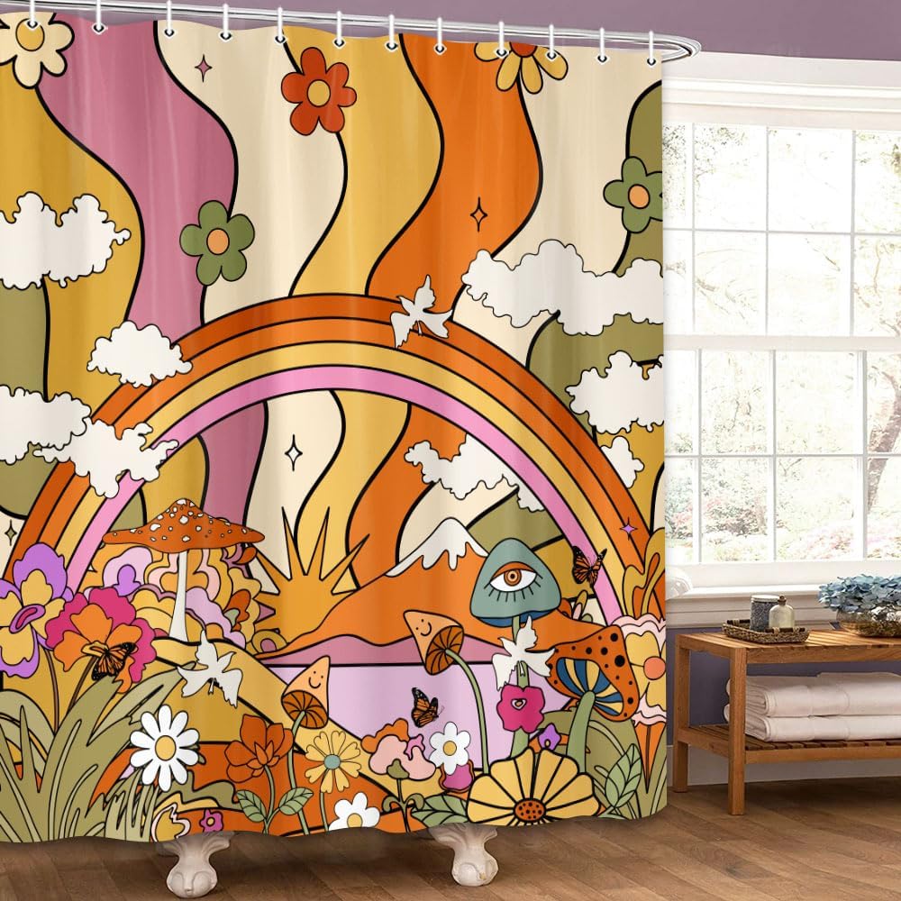 Cortina de ducha estilo japonés, estilo retro, bohemio, con diseño de hongos y flores, estilo japonés, juego de cortina de ducha estética con