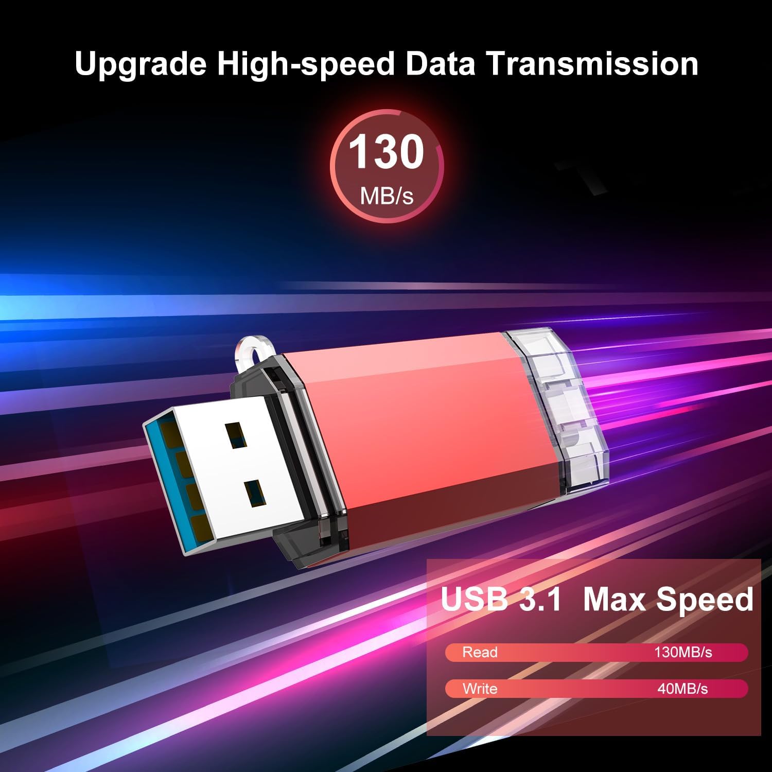 RAOYI Unidad flash USB C de 128 GB actualizada a 130 MBs, USB 3.1 tipo C doble OTG USB 3.1 tipo C Dual OTG Memoria Stick de metal con llavero