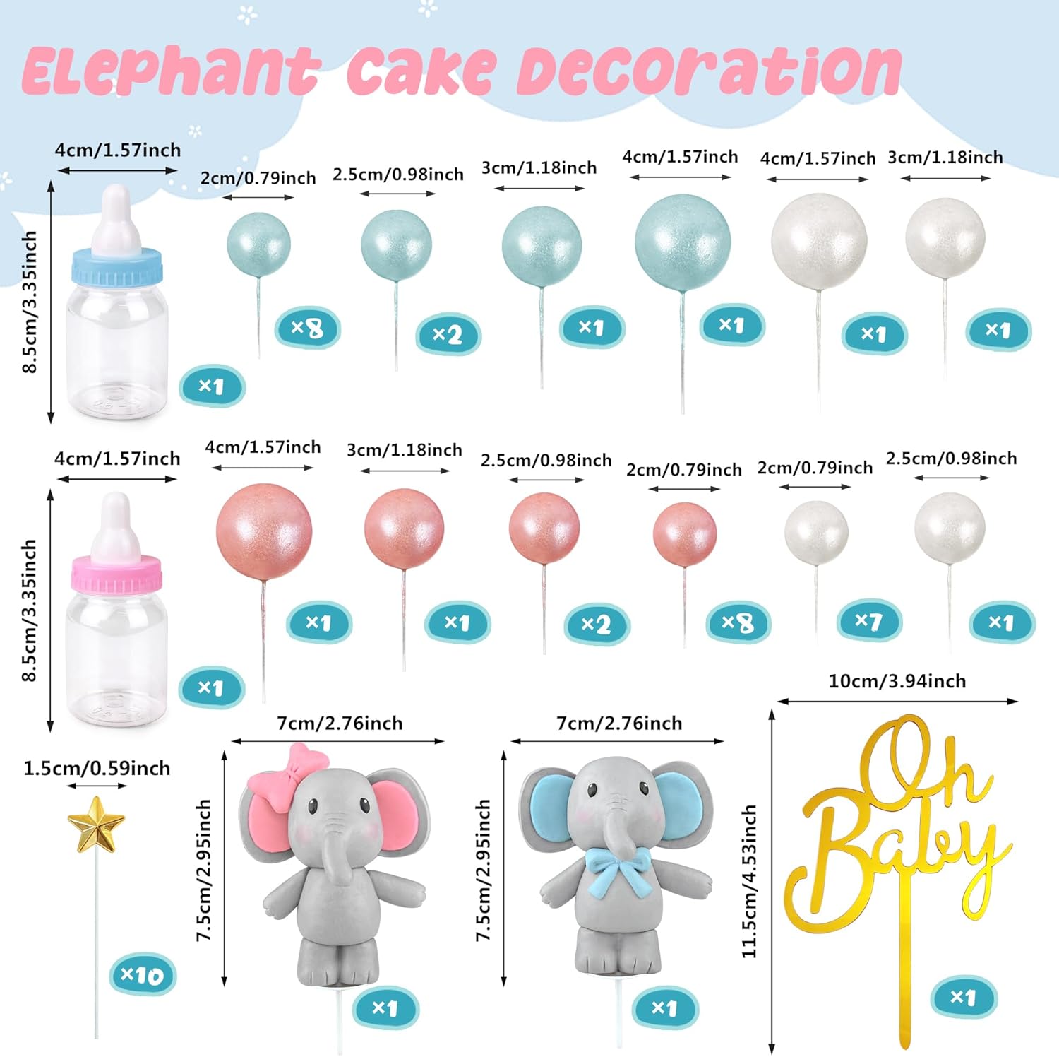 49 piezas de decoración de pastel de elefante Oh Baby Cake Topper de bolas de perlas para tartas, mini botella de leche, decoración de pastel de