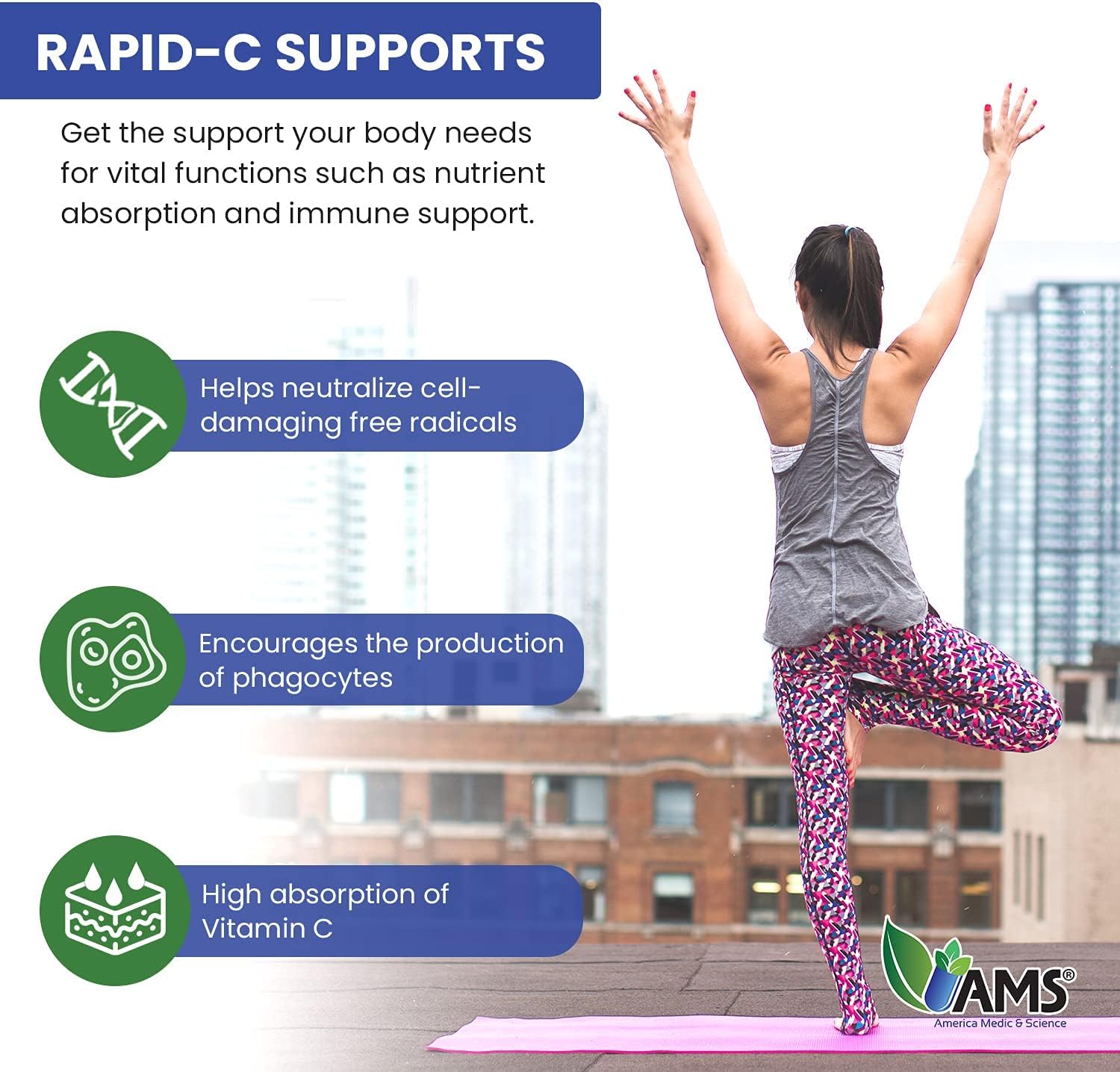 America Medic & Science Rapid-C – Suplemento de vitamina C de 500 mg (paquete de 3 100 tabletas), refuerzo de energía, apoyo diario del sistema