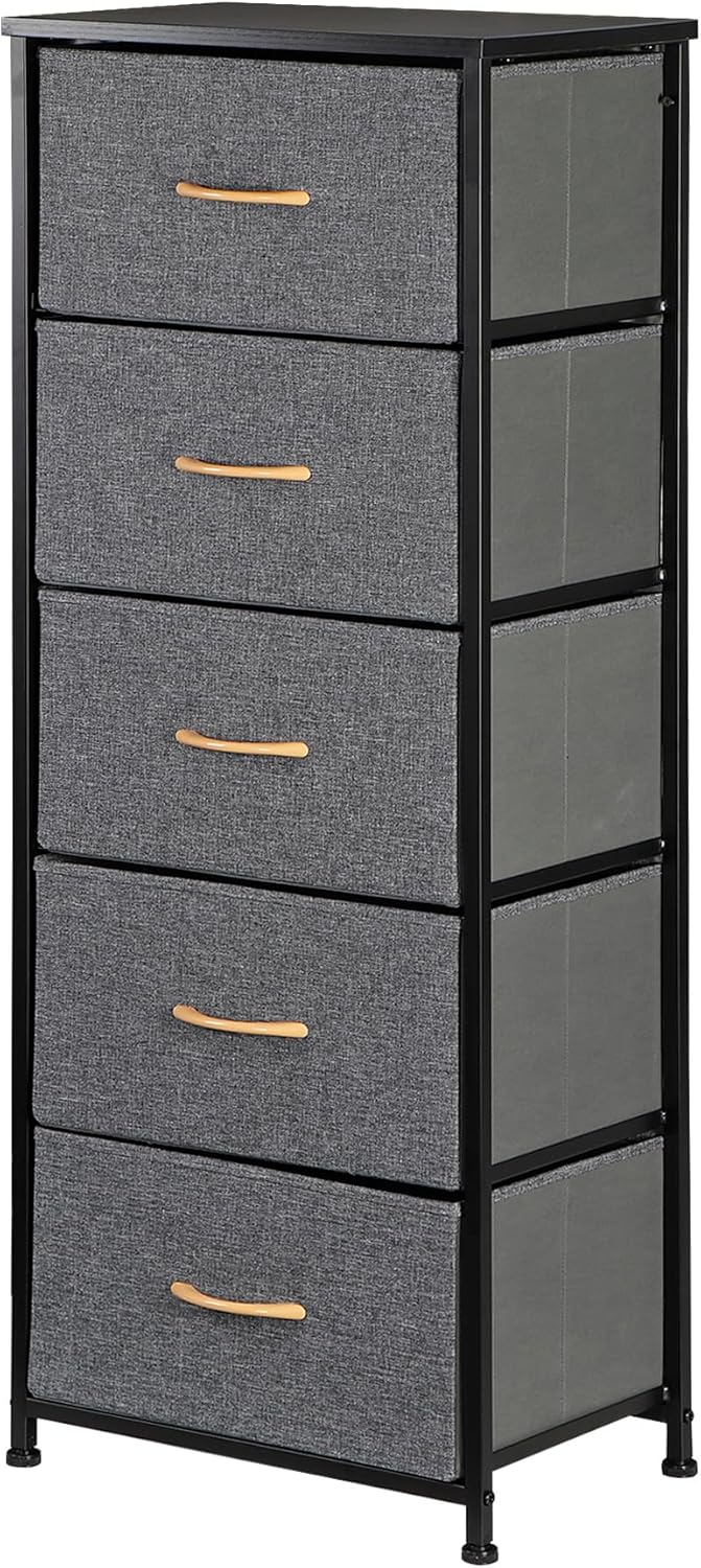 Cómoda con 5 cajones, torre de almacenamiento vertical alta, marco de metal resistente, contenedor de almacenamiento de tela con asa para