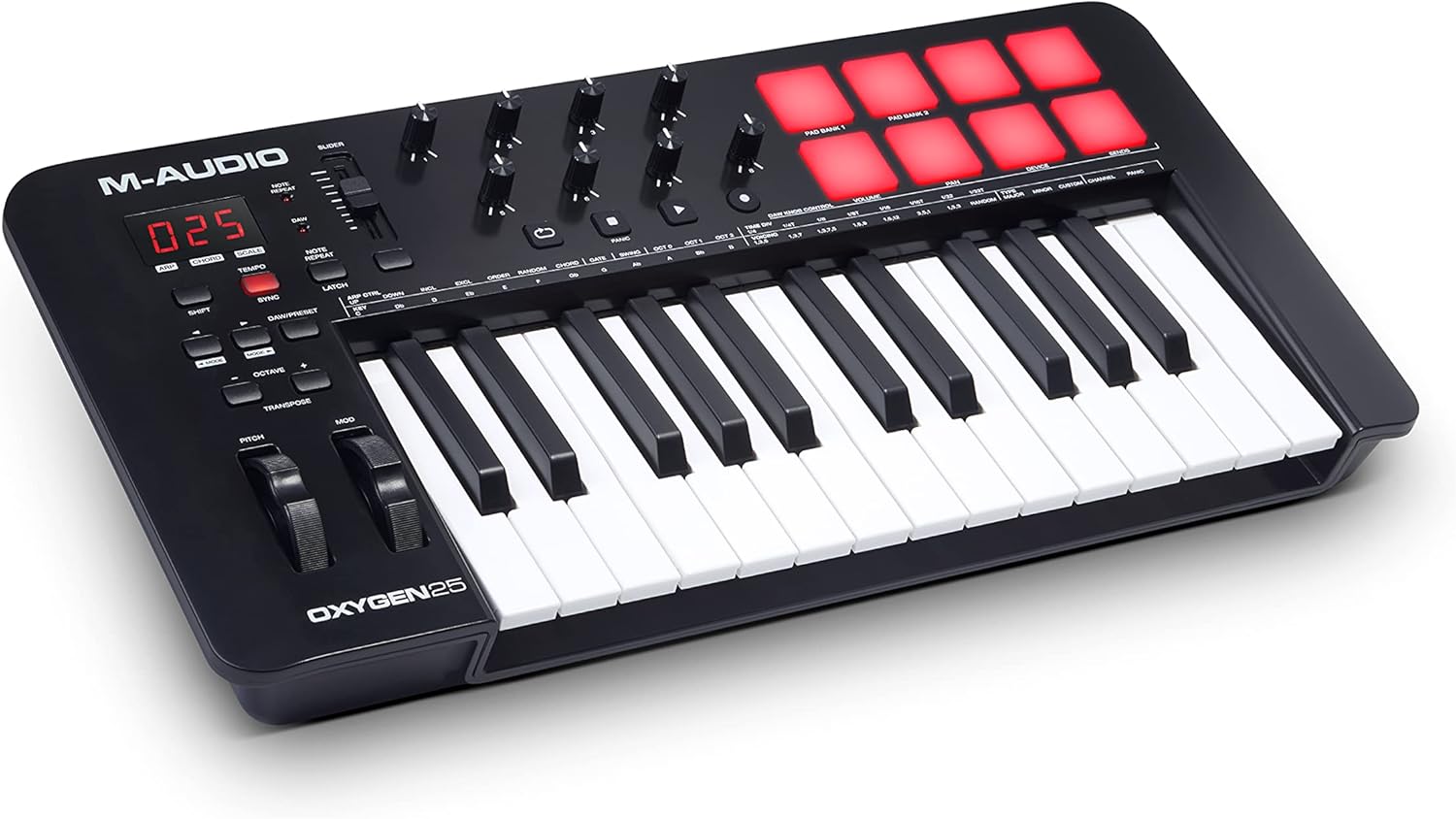 M-Audio Oxygen 25 (MKV) – Controlador de teclado MIDI USB de 25 teclas con almohadillas de ritmo, modos de acorde inteligente y escala, arpegiador y