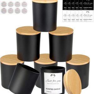 CONNOO Paquete de 8 tarros de vela de vidrio negro vacíos de 14 onzas para hacer velas con tapas de bambú y etiquetas adhesivas, tarros de velas a CONNOO Paquete de 8 tarros de vela de vidrio negro vacíos de 14 onzas para hacer velas con tapas de bambú y etiquetas adhesivas, tarros de velas a