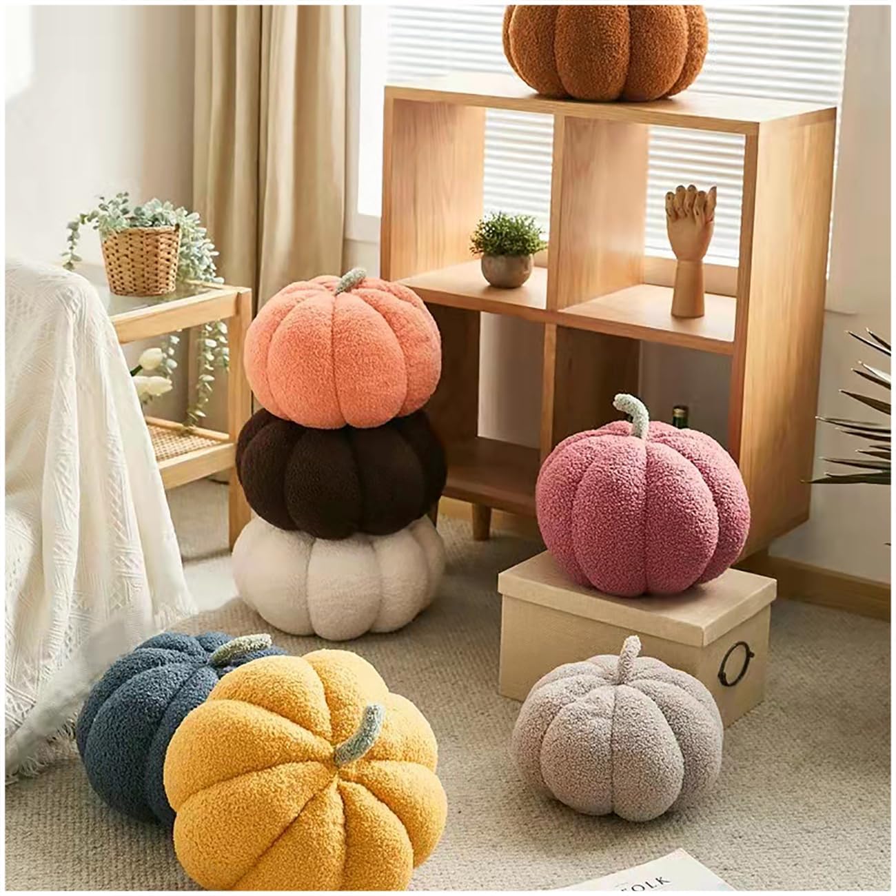 Eoieov Lindas almohadas de calabaza 3D para cama, sofá, automóvil, almohada decorativa creativa con forma de calabaza, cojín de vellón de cordero