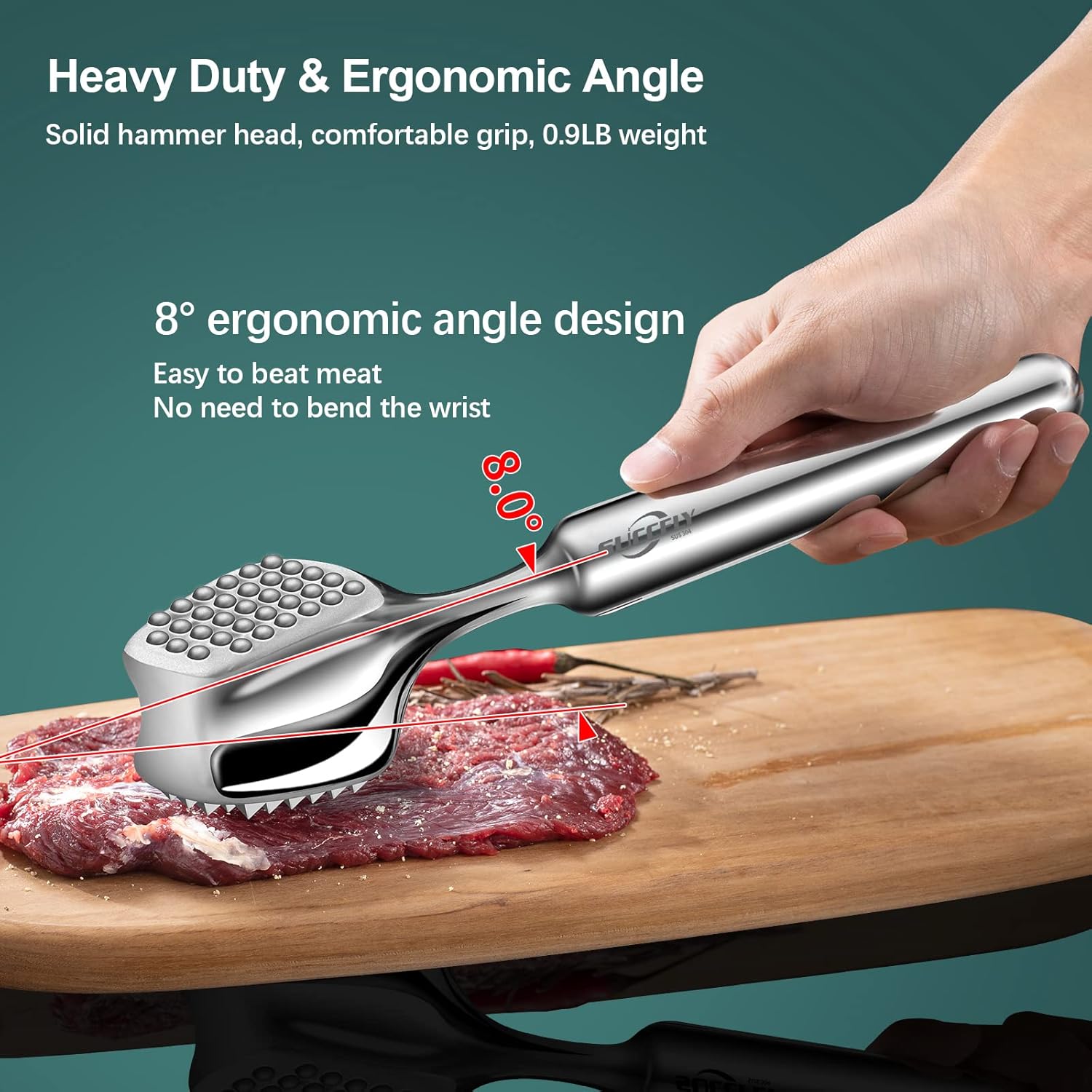 Ablandador de carne de acero inoxidable, mazo de carne de alta calidad, fundición integrada, 0.9 libras, martillo de carne de cocina, herramienta