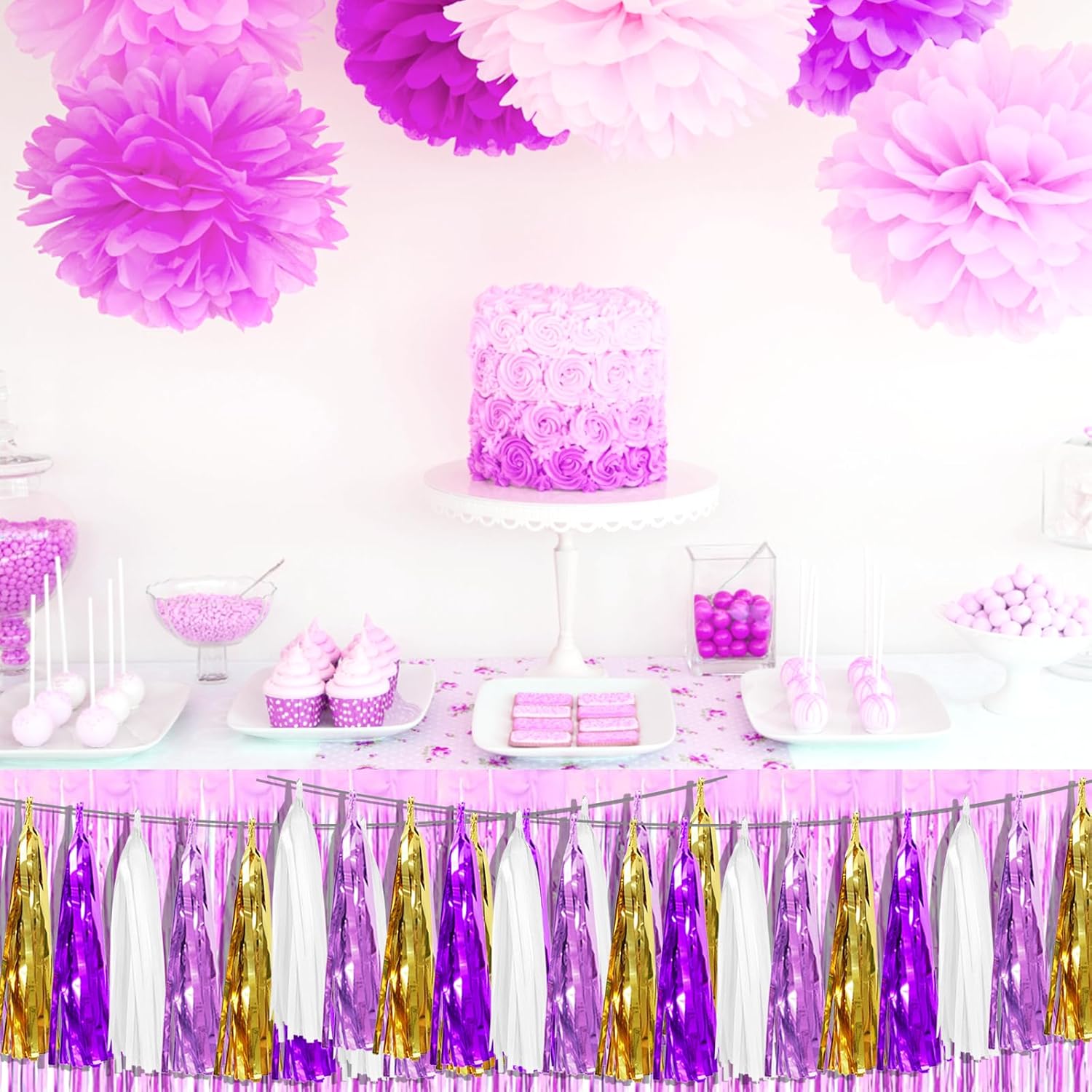 Guirnalda de borlas de decoración de fiesta de oro púrpura 3P, serpentinas para desfiles, despedidas de soltera, boda, cumpleaños, Halloween,