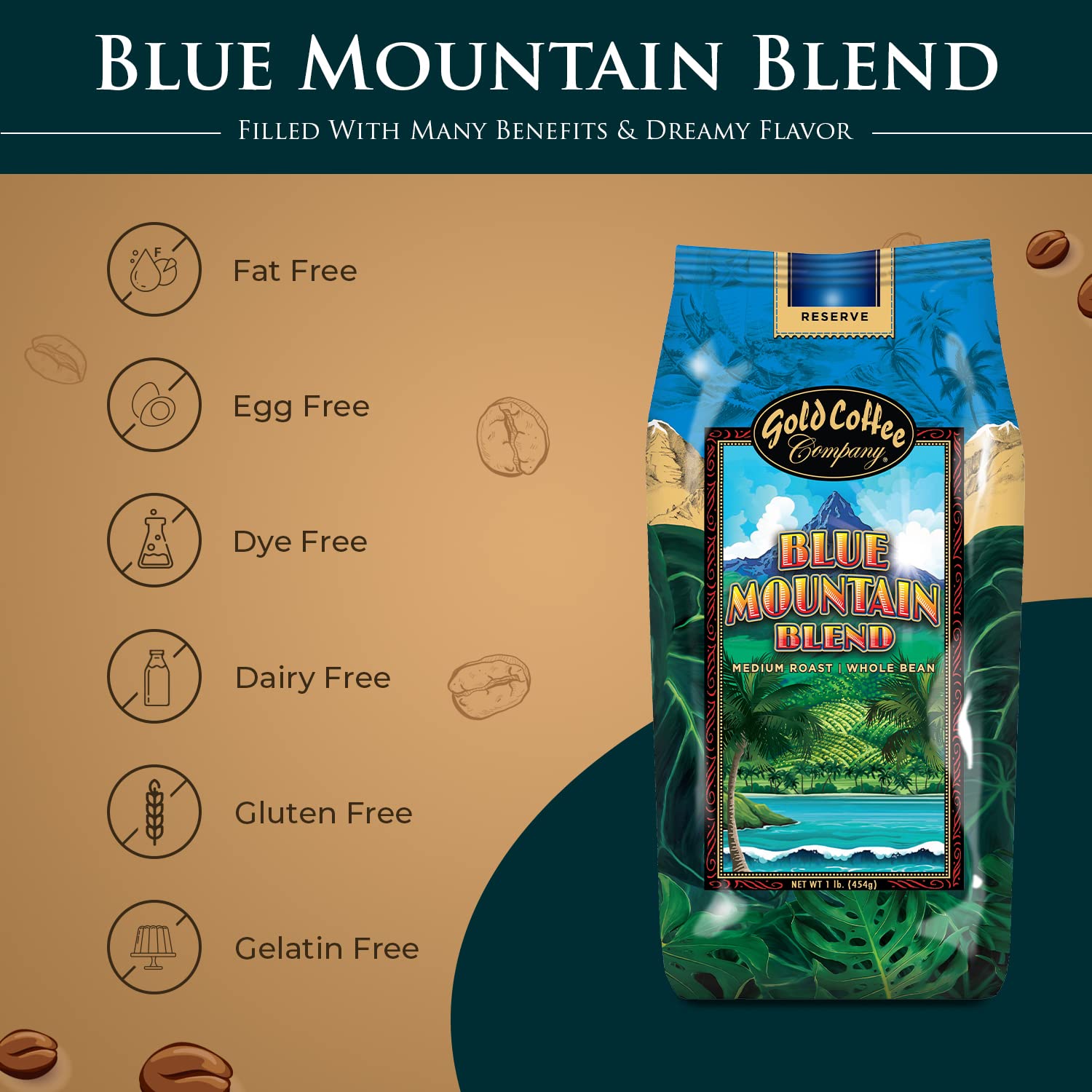 Gold Coffee Blue Mountain Blend Café de grano entero de tostado medio, 1 libra (paquete de 1) – Café instantáneo tostado a la perfección, granos de