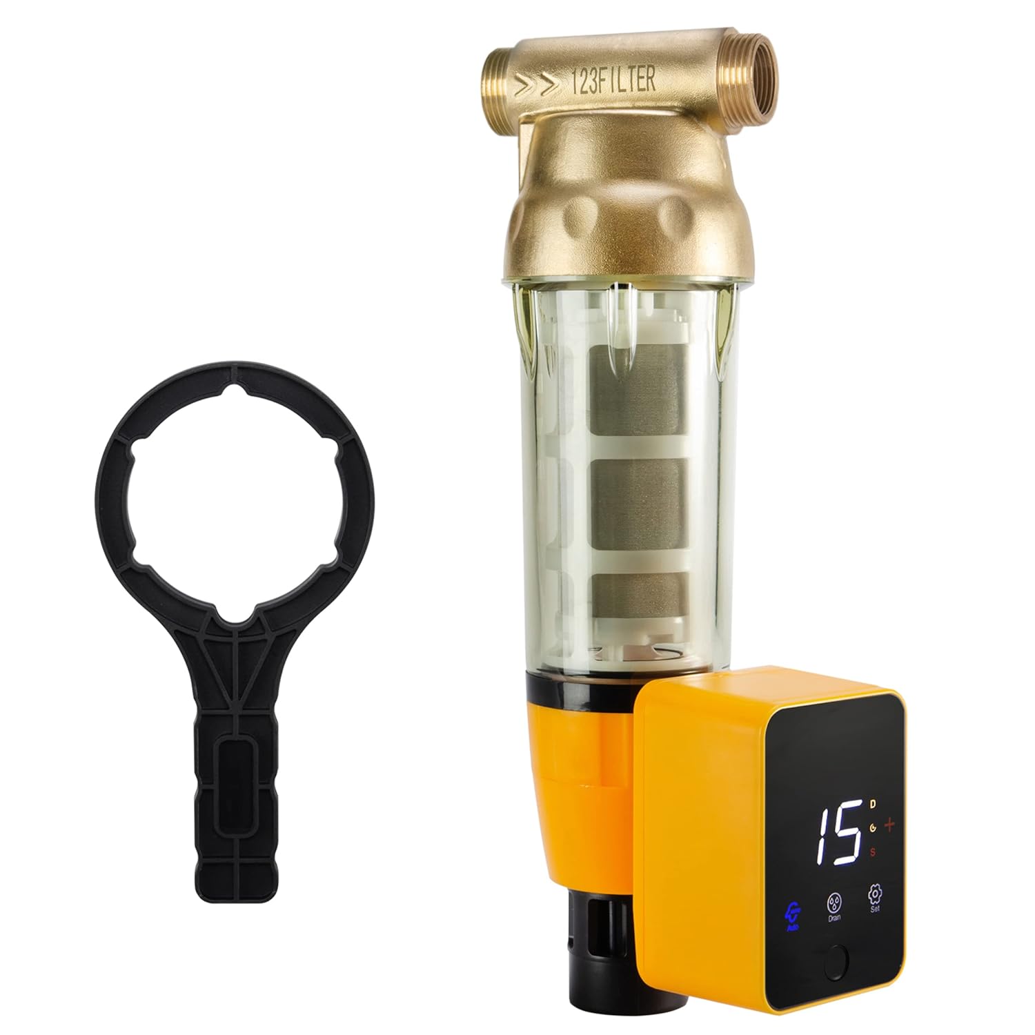 iSpring Sistema de filtro de agua para toda la casa y filtro de agua de sedimentos giratorio WSP50ARB, reutilizable con módulo de descarga