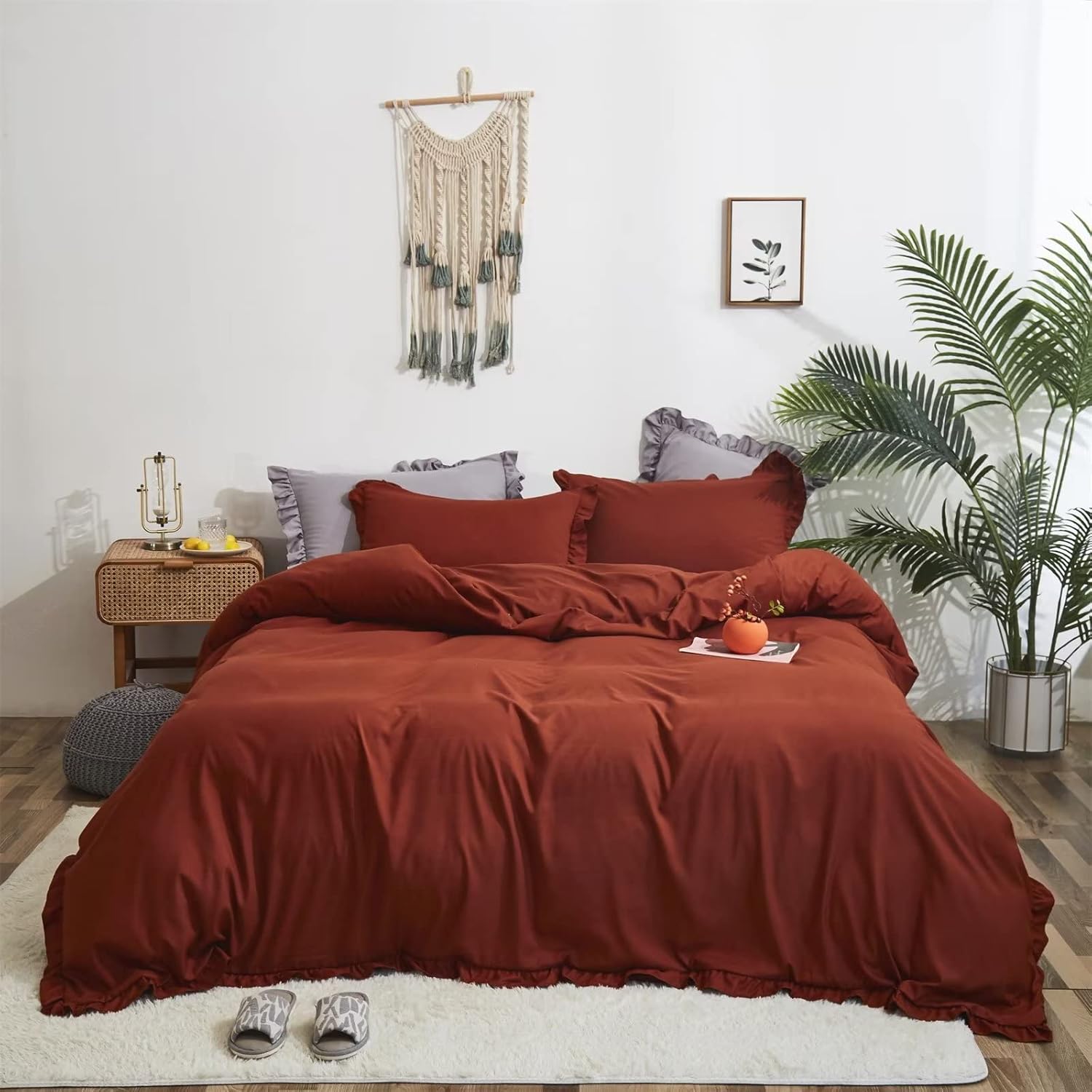 Houseri Juego de edredón de color naranja quemado con volantes, tamaño King, ropa de cama bohemia de color óxido, color naranja caramelo, terracota