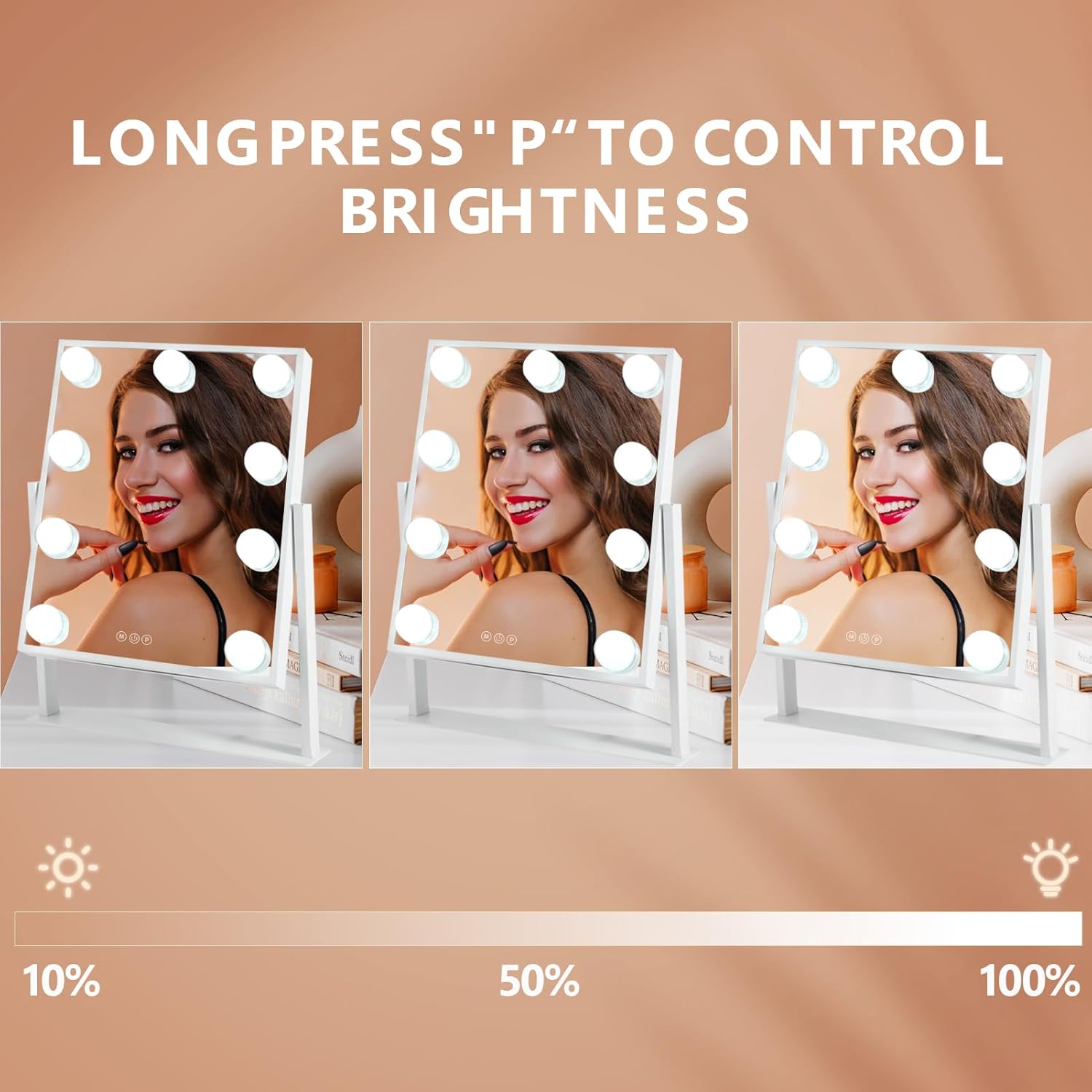 AOLISSI Espejo de tocador con luces, espejo de maquillaje iluminado Hollywood con 9 bombillas regulables y 3 modos de iluminación de color, aumento