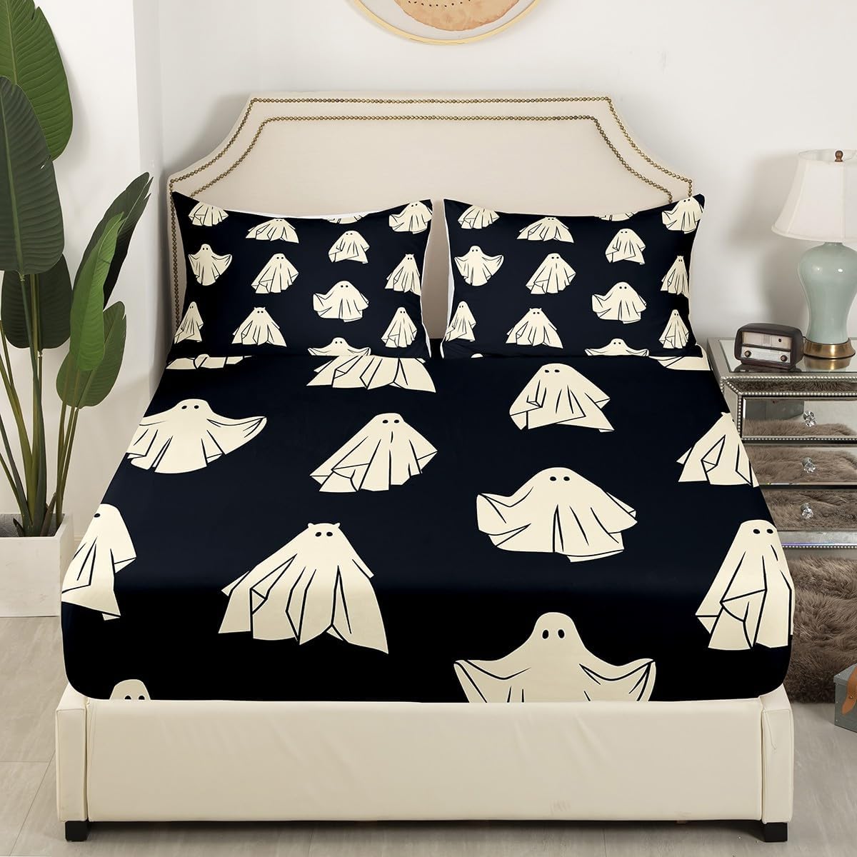 Castle Fairy Sábana bajera ajustable con estampado de fantasmas de Halloween para niños, ropa de cama de tela decorativa suave, color negro,
