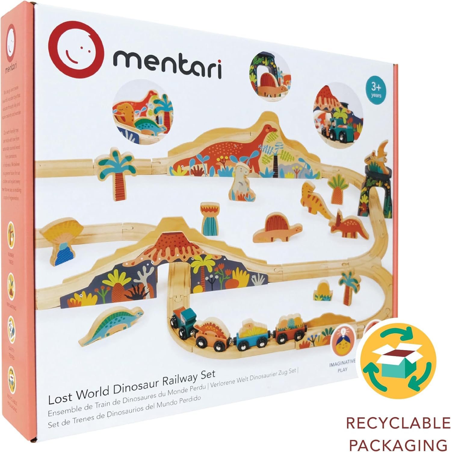 Lost World – Juego de ferrocarril temático de dinosaurios con pistas y accesorios, madera, juego creativo, imaginativo, juguete interactivo