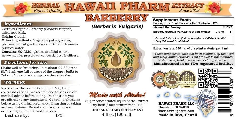 HawaiiPharm Extracto líquido de agracejo, agracejo orgánico (Berberis Vulgaris) Suplemento de tintura de corteza de raíz seca de 2 onzas
