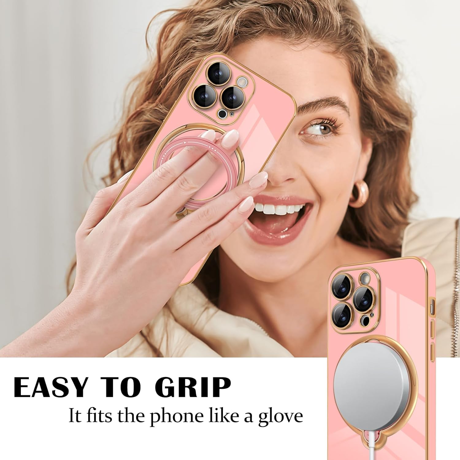 Newseego Funda para iPhone 14 Pro Max, funda de lujo con borde chapado con soporte magnético giratorio de 360 invisible para mujeres, niñas y