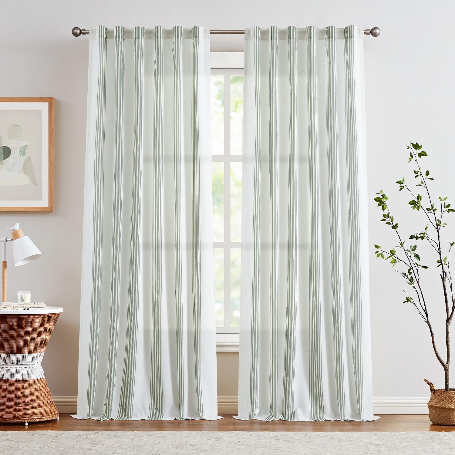 jinchan Cortinas de lino a rayas de 84 pulgadas de largo para sala de estar, cortinas de rayas verde salvia, cortinas semitransparentes con pestaña