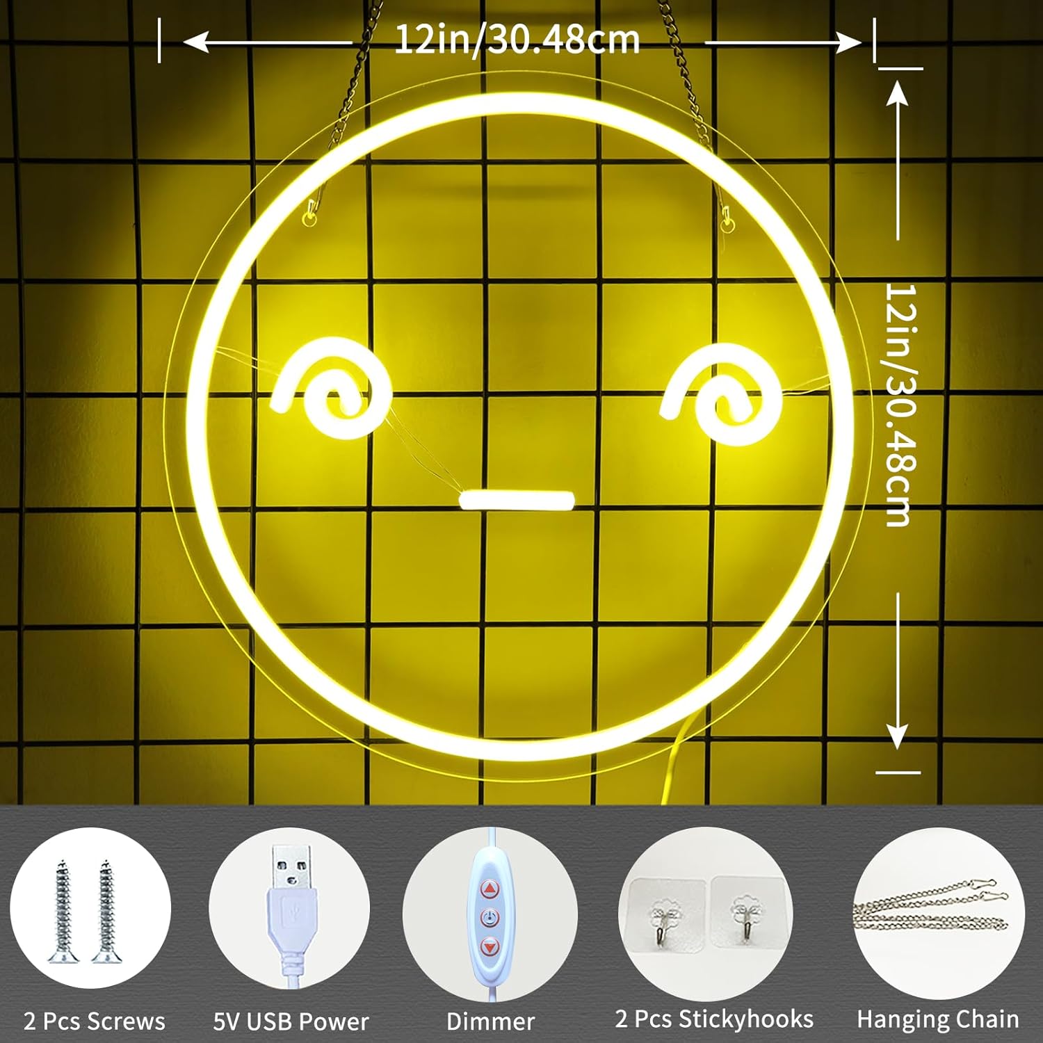 Letrero de neón con cara sonriente para decoración de pared, 5 V alimentado por USB, luz de neón mareada con interruptor regulable para el hogar,