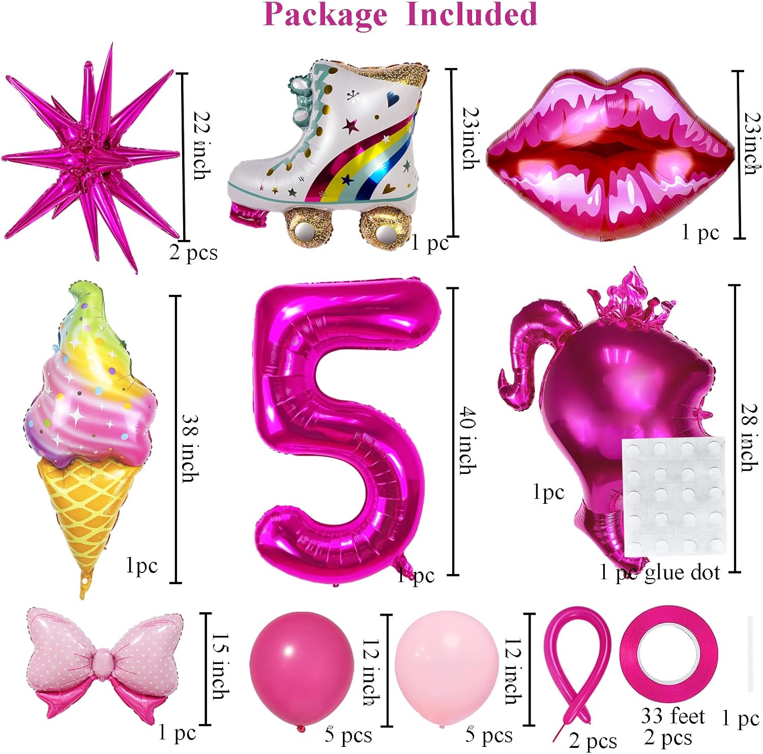 Juego de 20 globos de Mylar de color rosa intenso para decoración de cumpleaños de niña de 5 años