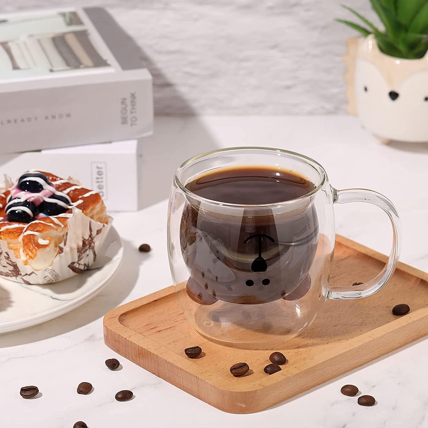 Tazas de café de oso de vidrio, capacidad de 8 onzas, 8.5 fl oz, aislamiento de doble pared, lindas tazas de café para niños, leche, cerveza para