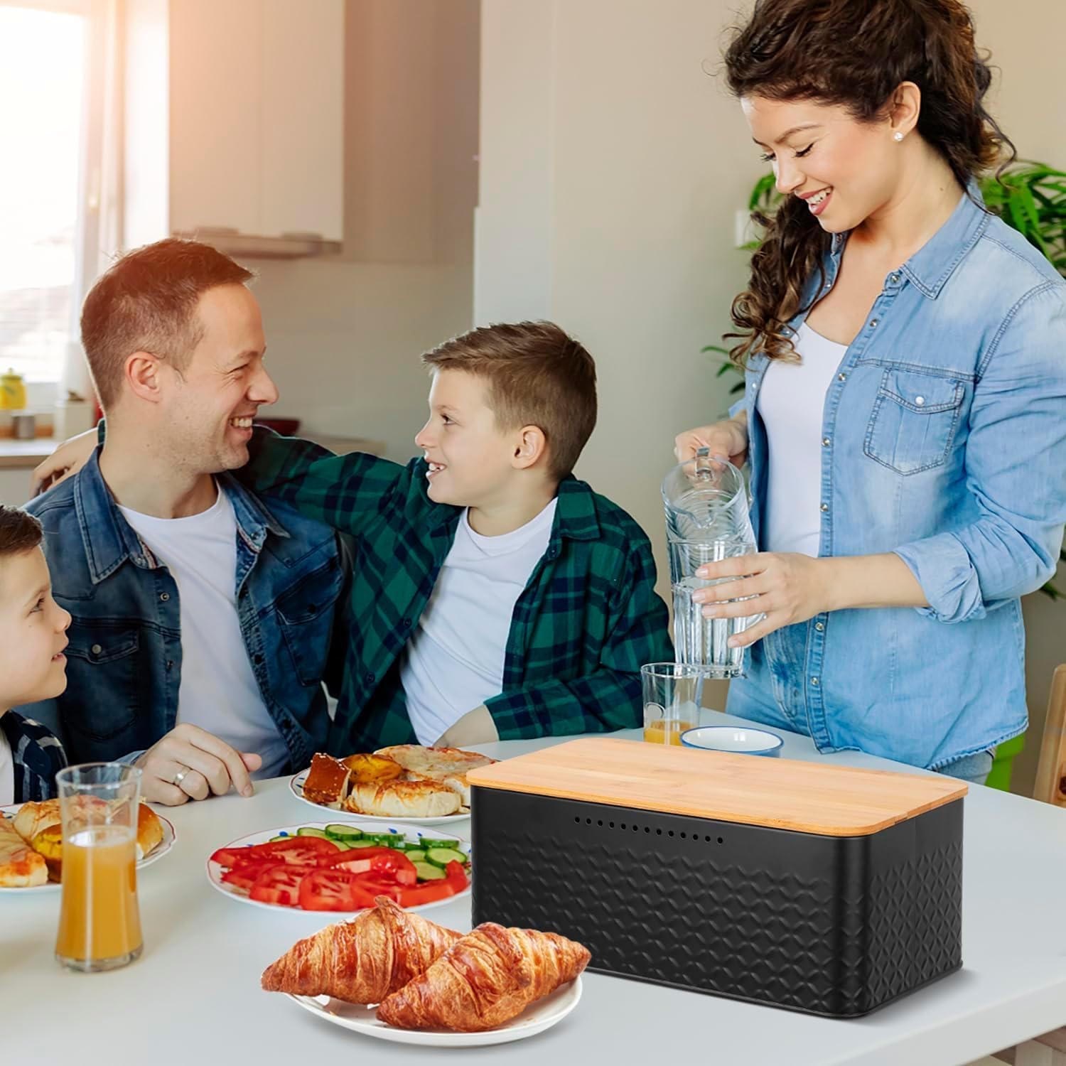 Widousy Panera con tapa de bambú, caja de almacenamiento de pan negro, contenedor para pan para organizador de almacenamiento de encimera de cocina