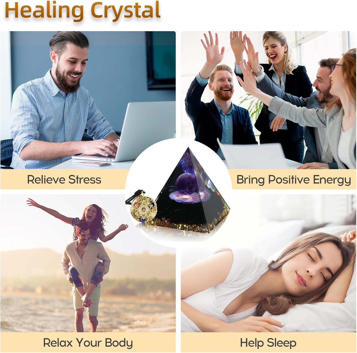 Pirámide de orgón grande para energía positiva, amatista de orgonita y obsidiana pirámides de cristal curativo para reducir el estrés, la meditación