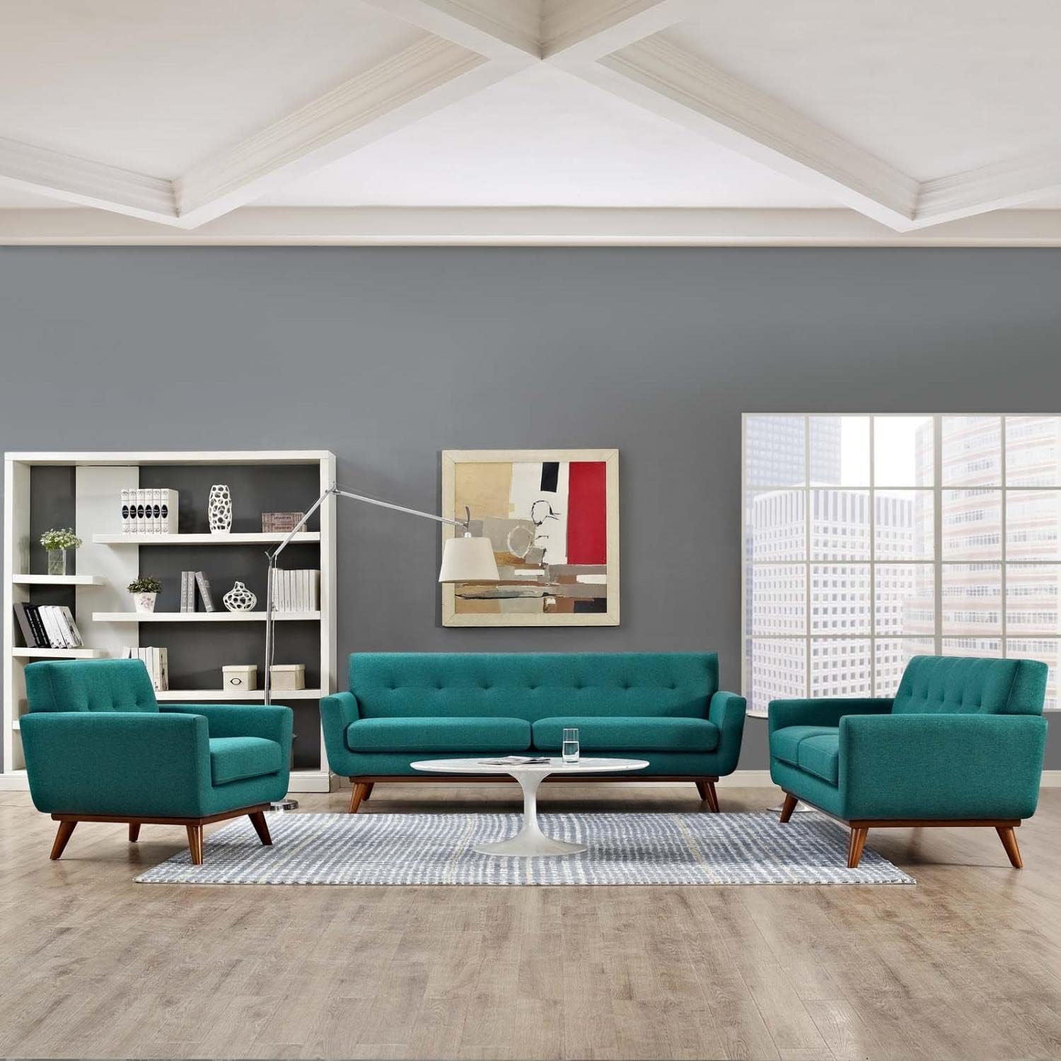 Modway Engage – Sillón de una pieza tapizado con tela y sofá de dos piezas de estilo de mediados de siglo, Tela, Verde azulado
