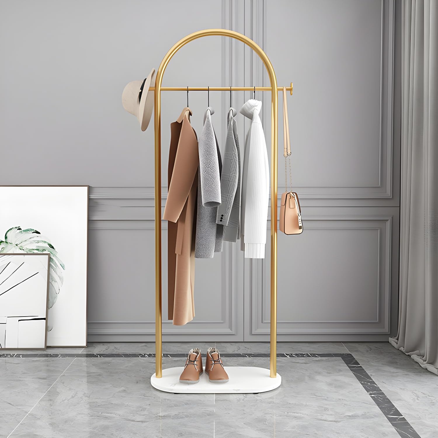 Hermoso colgador de ropa de pie doble para dormitorio, perchero de metal independiente con base de mármol, 24 pulgadas de largo x 13 pulgadas de