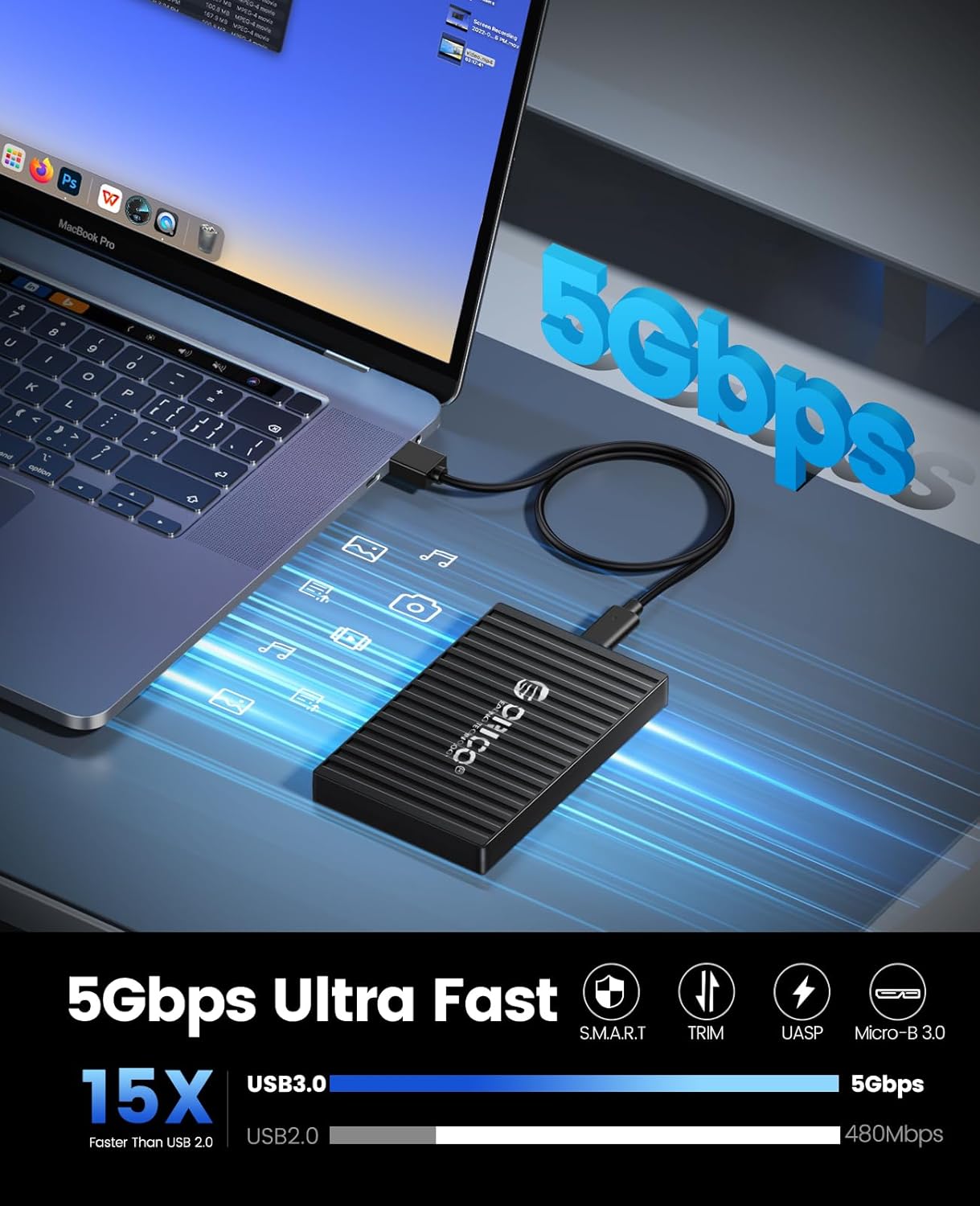 ORICO Caja de disco duro de 2.5″, 6Gbps USB 3.1 Gen 1 Caja de disco duro externo sin herramientas para 2.5 pulgadas 0.276 in0.374 in SATA HDD & SSD,