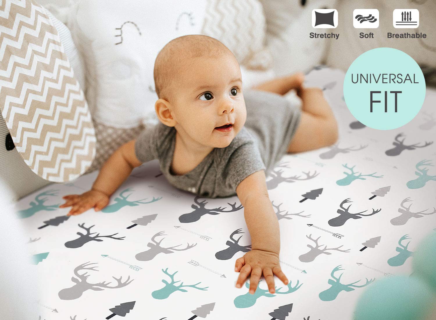 GRSSDER Juego de 2 sábanas ajustables elásticas ultra suaves para cuna, acogedora sábana para cuna que se adapta a todas las almohadillas estándar