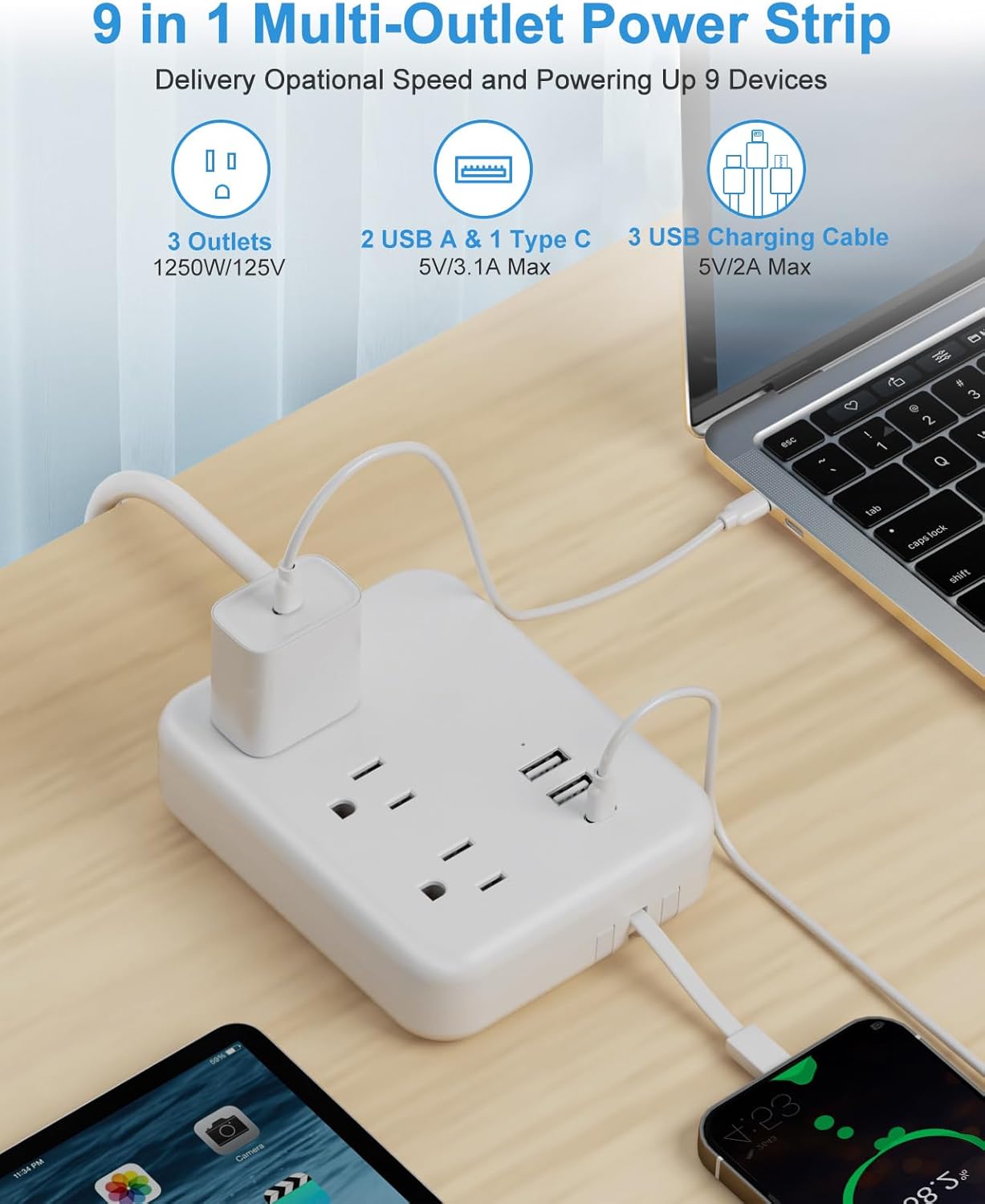 Regleta de alimentación de viaje con puertos USB, 3 cables integrados, cable de extensión de enchufe plano, 3 tomacorrientes, 6 USB con cable de