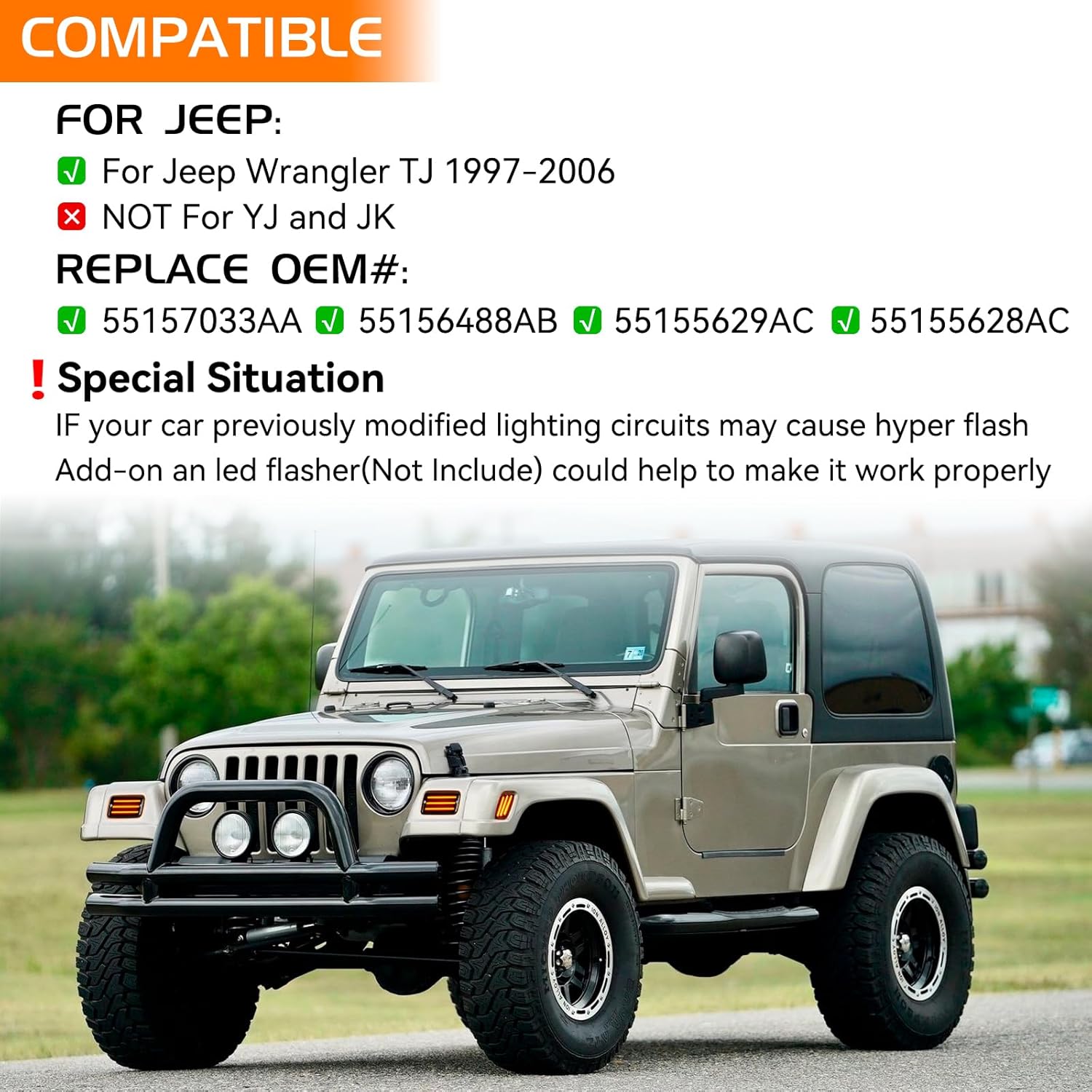 Switchback – Señales de giro LED secuenciales ámbar para parachoques delantero, luz blanca DRL lateral para Jeep Wrangler TJ 1997-2006, 4 luces de