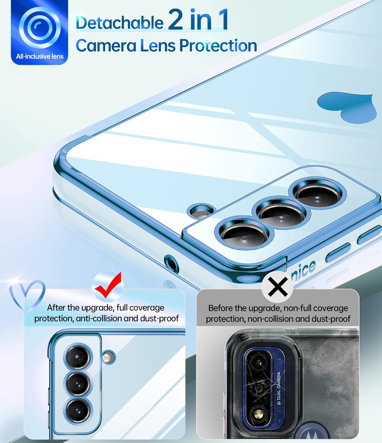 LeYi Funda para Galaxy S21 Fe 5G S21 Fe con protector de pantalla 2 piezas + protección completa de la cámara, chapado en corazón de amor, funda