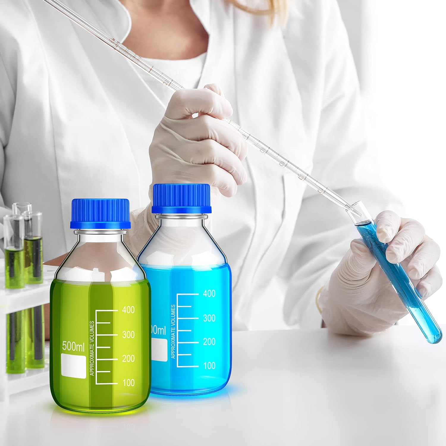 16 botellas de almacenamiento de medios, botella de vidrio de almacenamiento de borosilicato, botella científica redonda graduada con tapa de rosca